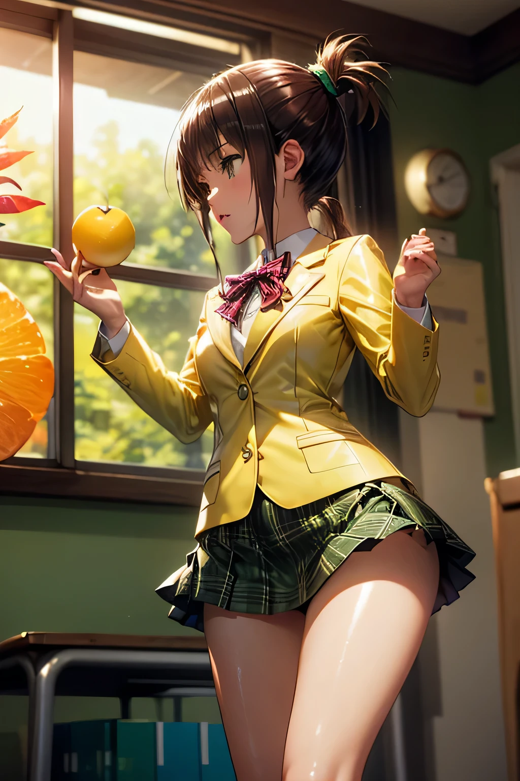 perfect anatomy Best and highest quality, highest resolution,(((Shiny Light Yellow School Uniform blazer Shiny Latex Green Plaid Mini Skirt dark maroon hair with metallic luster ponytail))) Yuki mandarin orange ToLOVEru flat breast girl