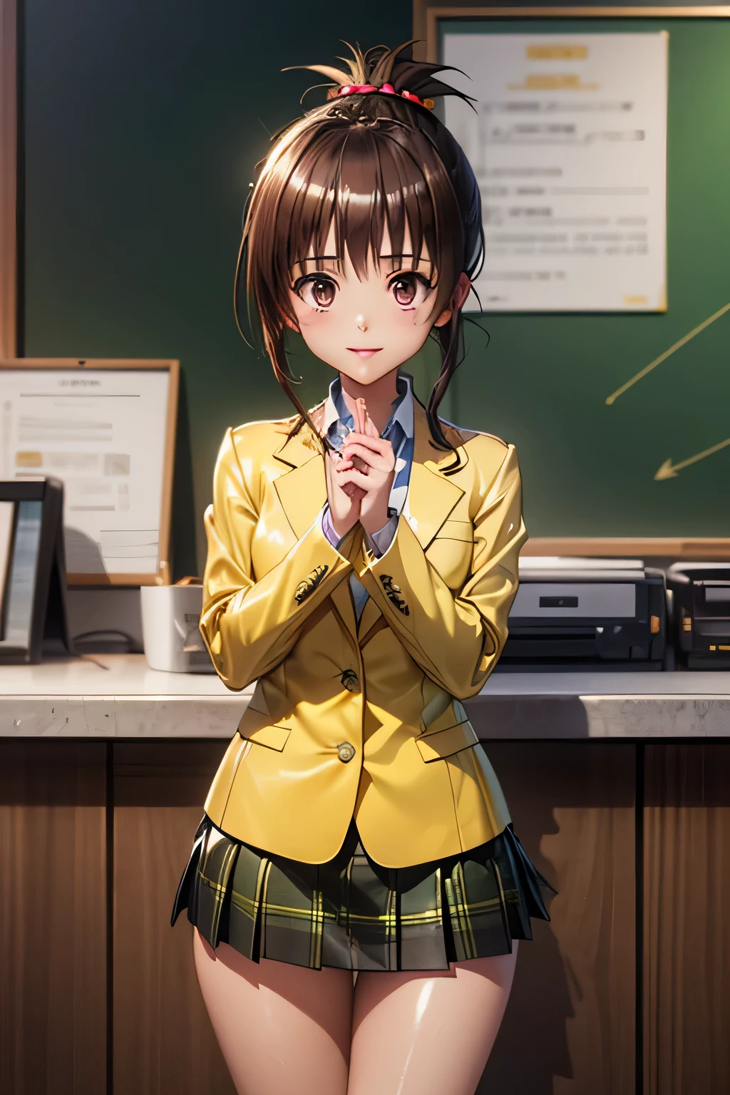 perfect anatomy Best and highest quality, highest resolution,(((Shiny Light Yellow School Uniform blazer Shiny Latex Green Plaid Mini Skirt dark maroon hair with metallic luster ponytail))) Yuki mandarin orange ToLOVEru flat breast girl