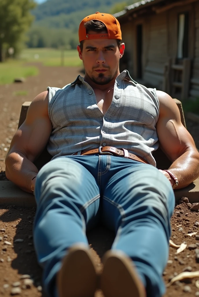 photorealestic, Full view. a boy, adorable, 24 years old, muscular, Good looking, Caucasian farmer with a very beautiful, chiseled jaw and chest, Big biceps, shaved, sandblondes Hair im Fade-Cut, Stubble, and blue eyes, with bare upper body, torn, dusty blue jeans with bulge, and brown work boots. he is sweating, and stand on a wide meadow on a hot summer afternoon, smile seductively into the camera.