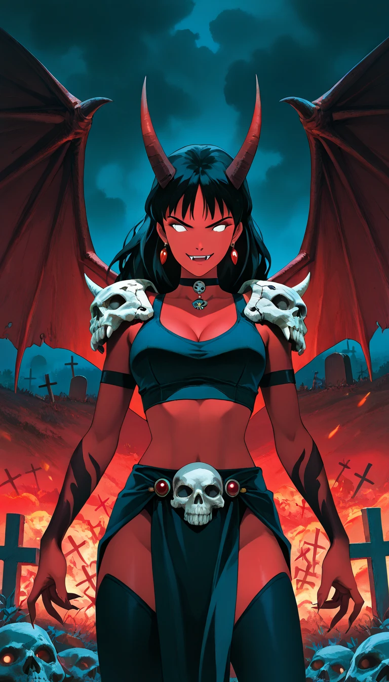 <lora:Purgatori-10:1> Purgatori, (masterpiece, best quality, ultra-detailed, highres, best illustration),perfect face, sidelighting, lustrous skin,(bloom), (shine), ray tracing,1girl, red skin, solo, horns, demon girl, wings, breasts, colored skin, cleavage, navel, demon wings, black hair, long hair, skull, elbow gloves, large breasts, choker, demon, black background, midriff, gloves,depth_of_field,very detailed background,extreme light and shadow,(detailed eyes), (beautiful) beautiful detailed eyes, (seductive smirk), gothic scene background, perfect lighting , perfect anatomy,(extremely detailed illustrated 8k wallpaper),(masterpiece), (best quality), (ultra-detailed), (best illustration),(best shadow),perfect lighting , perfect anatomy , vivid colors,