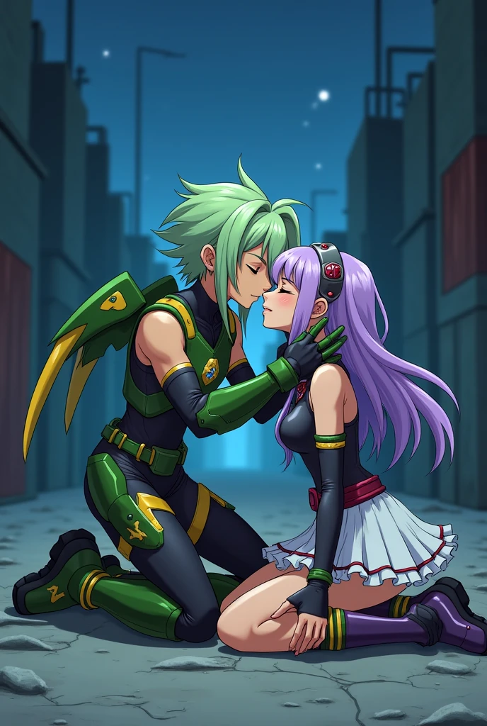 Crie um OC de BNHA, homem por volta dos seus 25 anos, has green hair that reaches her shoulders and purple eyes
