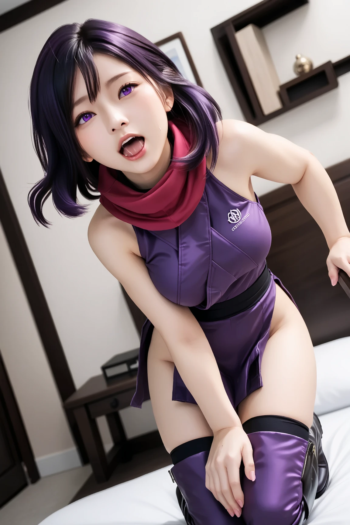 1 girl, standing, beautiful Kunimitsu,ninja outfit,sleeveless,27 years old, Cups, Black thighs, arm warmers, , shorts, orange red hair, big chest, big ass, medium breasts,capture anime screen, mature appearance,armpits,sweat,sweaty,sweaty armpits,arms up,showing armpits,awesome armpits,purple outfit, blackish purple arm warmers, black purple arm bands, purple arm warmers