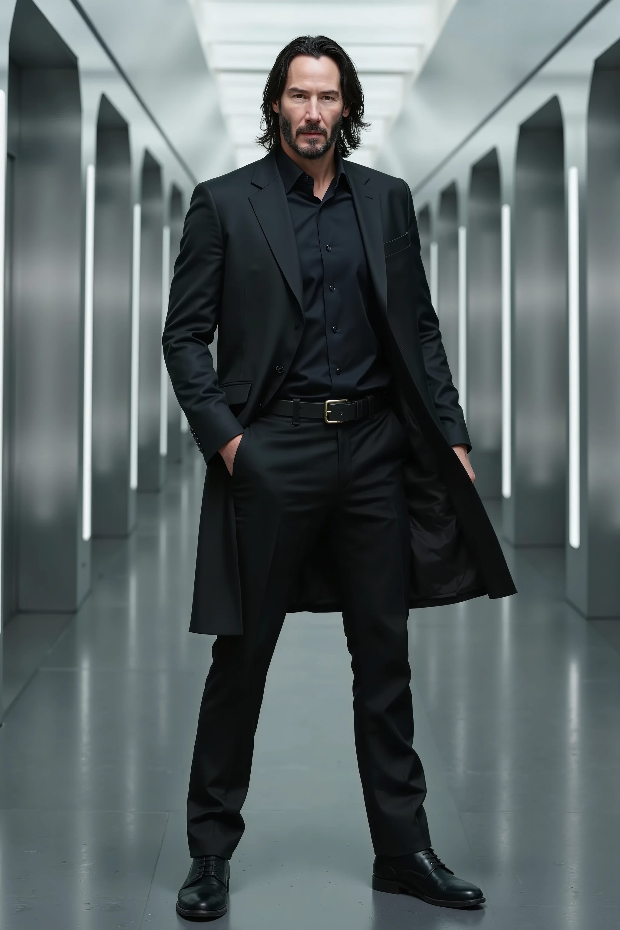 Concept art réaliste de Keanu Reeves en agent secret futuriste; présentation intégrale du personnage, de la tête aux pieds; le personnage doit être bien centré dans l’image; musculature athlétique; costume trois pièces noir moderne à la fois élégant et fonctionnel; pose debout et de face; calme et charismatique, il regarde la caméra avec intensité et d’un air à la fois très assuré et très déterminé; décor de ville futuriste ultramoderne.