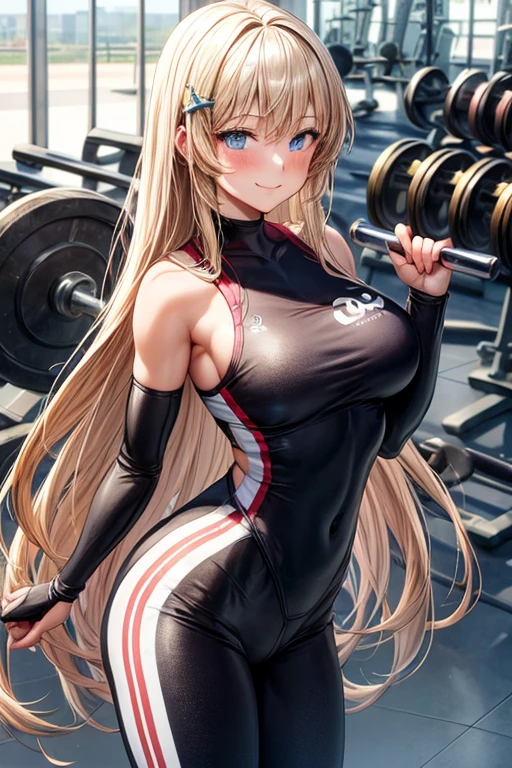 skin completely covered by clothing, high detail, Full body, wearing (tight shirt:1.2), beautiful detailed face, hazel eyes, (attractive fitness woman:1.3), (seductive:1.1), (blushing:1.1), hourglass body shape, complete shiny aerobic black and red latex bodysuit, big round breasts