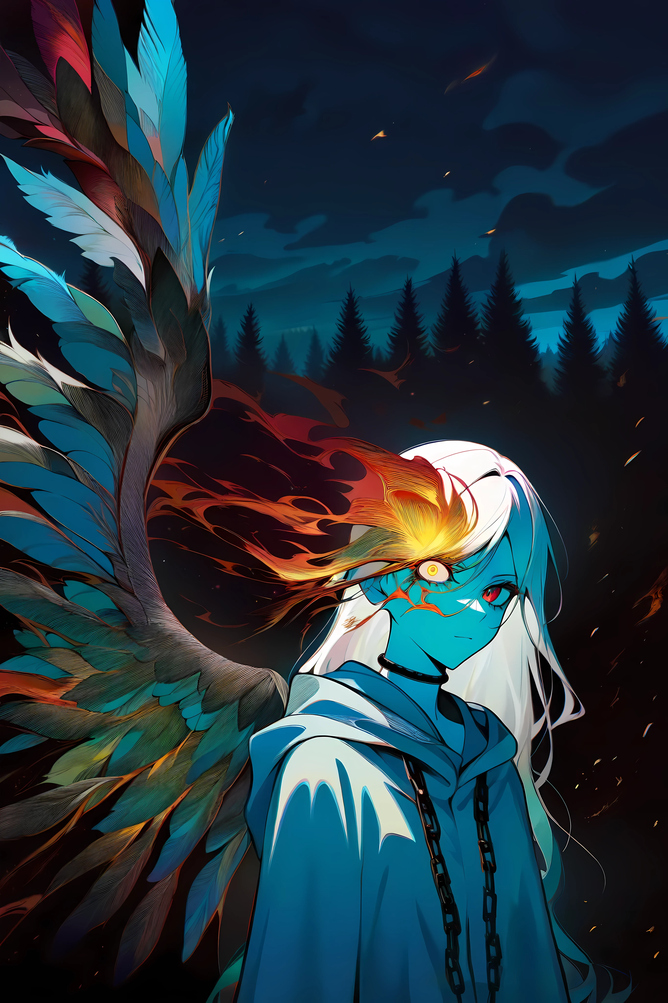 masterpiece, best quality, amazing quality, newest, very aesthetic, upper body, 1girl, (pyrokinesis), white hair, very long hair, yellow eye, red eye, heterochromia, glowing eye, hooded cloak, magic, embers, chained, covered by chains, single wing, feathered wing, BREAK, (surreal:1.2), abstract, abstract background, colorful, forest, dark background, fiery background, night, night sky, fog, cloudly sky, BREAK, depth of field, advanced focus, bokeh, (dim lighting, chiaroscuro:1.2), soft shadows, extremely detailed background, amazing art, highres, absurdres