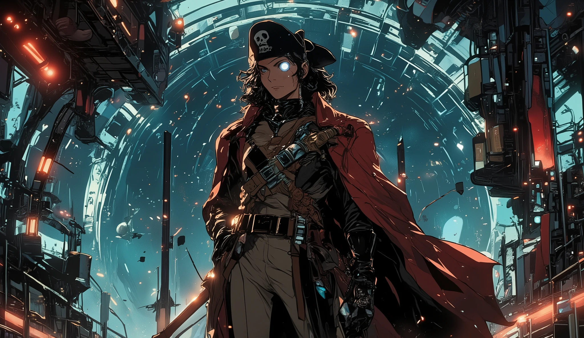 An anime-style space pirate captain standing on the deck of their futuristic starship, wearing a sleek black and red outfit with metallic details, and a space pirate hat with a skull on it. Their long coat flutters in zero gravity, and their cybernetic eye glows ominously. A plasma cutlass is strapped to their waist, and they smirk confidently as holographic treasure maps float around them. The cosmic expanse behind them is filled with stars and distant planets.