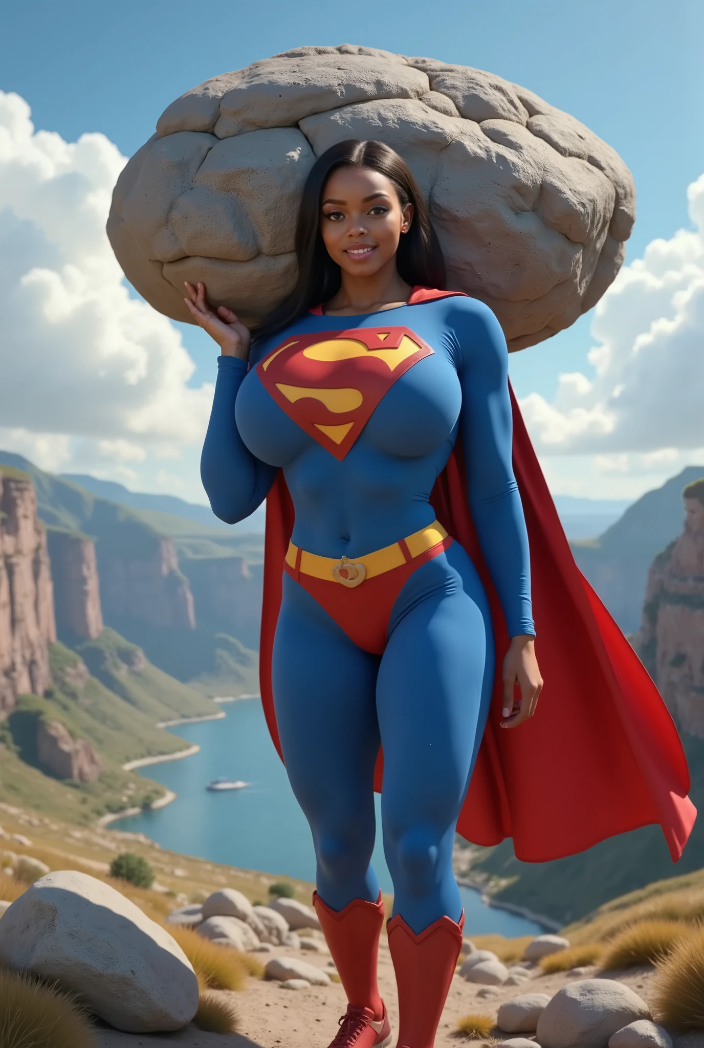 (Carrying a GIGANTIC boulder on top of her shoulder). SEXY BLACK AFRICAN 17-YEAR-OLD FEMALE COSPLAYER WITH big BLUE EYES **"FULL ENTIE BODY STANDING POV OF A stunning, highly detailed, and ultra-realistic portrait of a SEXY BLUE EYED I GIRL, proudly wearing the iconic RETRO 1980 SUPERMAN costume. The vibrant royal blue bodysuit shimmers under the soft natural lighting, adorned with a bold, raised red and yellow 'S' emblem on her chest, signifying her legacy as Superman’s daughter. A flowing red cape BILLOWING behind her AS SHE WALKS, its silky texture catching the light, enhancing the depth of the image. Her long, jet-black hair is neatly pulled back into a sleek ponytail, revealing her striking blue eyes that radiate confidence and warmth. She has a bright, playful smile, showcasing her pearly white teeth, adding to her charismatic presence. Her skin appears flawless, glowing naturally, with soft highlights accentuating her features black hair, longeyelashes, solid circle eyes, 8k, super detail, best quality, highres, award winning, best quality, super detail, textured skin, UHD, retina
masterpiece, best quality, high quality, extremely detailed CG unity 8k wallpaper, scenery, outdoors, sky, cloud, day, no humans, mountain, landscape, water, tree, blue sky, waterfall, cliff, nature, lake, river, cloudy sky,award winning photography, Bokeh, Depth of Field, HDR, bloom, Chromatic Aberration ,Photorealistic,extremely detailed, trending on artstation, trending on CGsociety, Intricate, High Detail, dramatic, art by midjourney