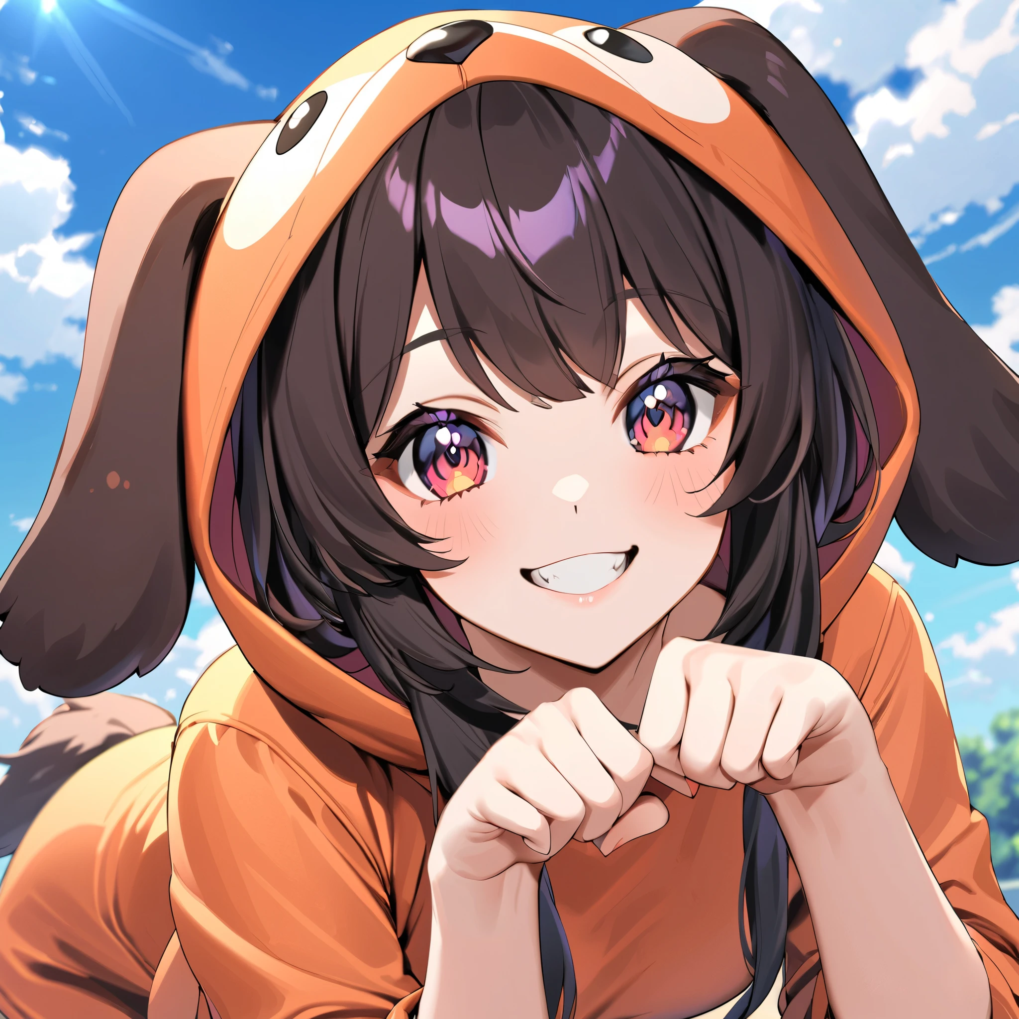 Age 19,smile, girls , Dark dark haired, black ear ,dog costume,Cute wild beast pose,The background is blue sky,1 girl,Nothing in the background,