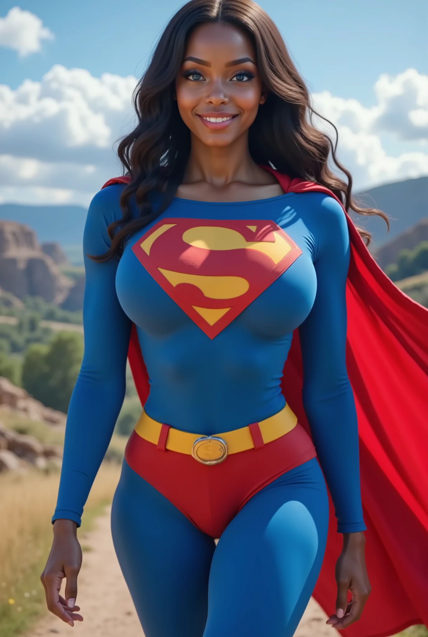 (melhor qualidade,4k,8k,alta resolução,masutepiece:1.2), (mulher negra, Ebony ball, 30 anos), cintura fina, (bunda enorme), (BBW), (Sagging Tits: 1,5),  cabelo afro, (red hair), sentada em frente ao espelho , ( sexy white leather Superman dress Costume), sexy, sensual, hot, sorridente, (Sagging Tits: 1,5), decotes, bunda enormes. (do lado), (perfect hands)