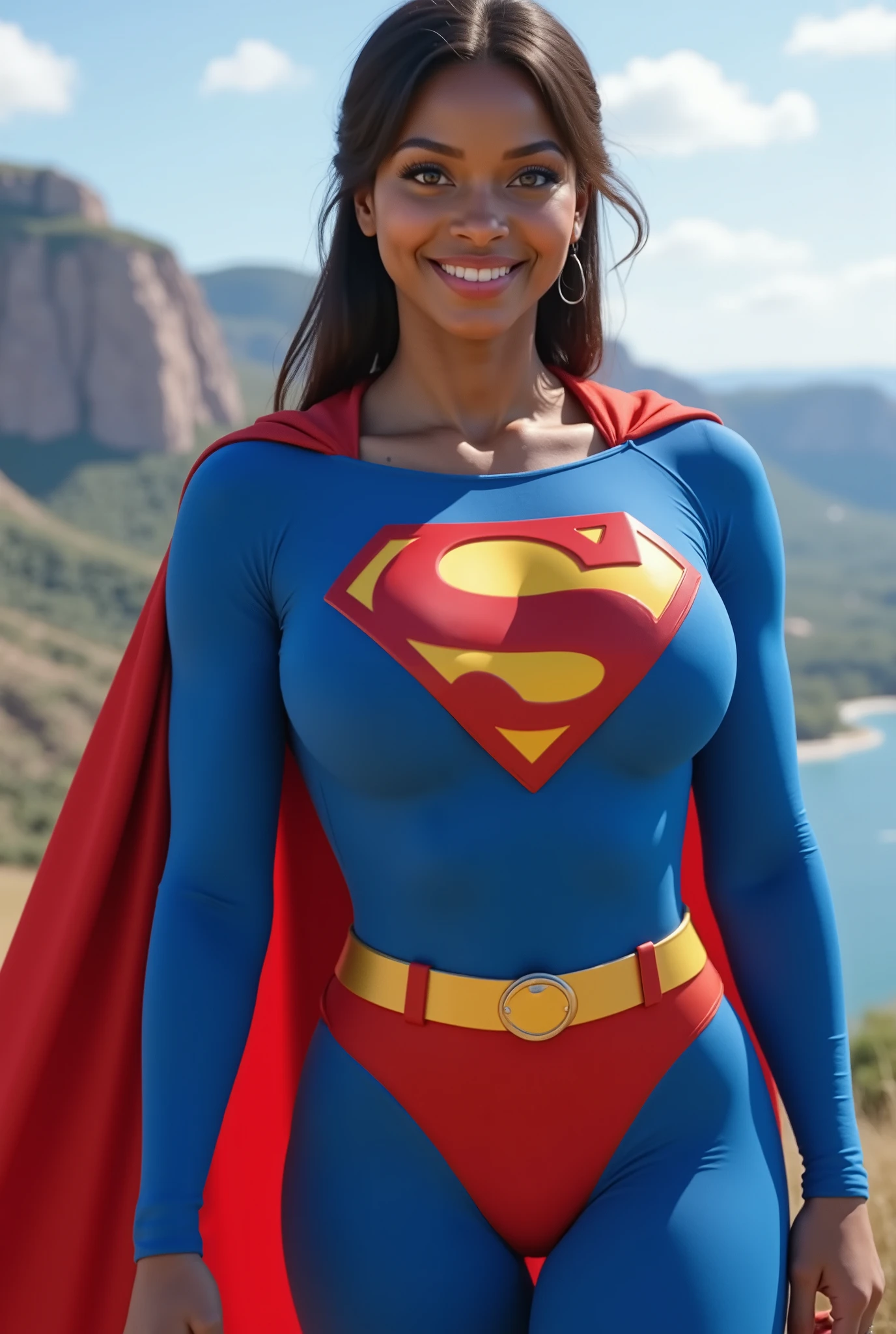 SEXY BLACK AFRICAN 17-YEAR-OLD FEMALE COSPLAYER WITH big BLUE EYES **"FULL ENTIE BODY STANDING POV OF A stunning, highly detailed, and ultra-realistic portrait of a SEXY BLUE EYED I GIRL, proudly wearing the iconic RETRO 1980 SUPERMAN costume. The vibrant royal blue bodysuit shimmers under the soft natural lighting, adorned with a bold, raised red and yellow 'S' emblem on her chest, signifying her legacy as Superman’s daughter. A flowing red cape BILLOWING behind her AS SHE WALKS, its silky texture catching the light, enhancing the depth of the image. Her long, jet-black hair is neatly pulled back into a sleek ponytail, revealing her striking blue eyes that radiate confidence and warmth. She has a bright, playful smile, showcasing her pearly white teeth, adding to her charismatic presence. Her skin appears flawless, glowing naturally, with soft highlights accentuating her features black hair, longeyelashes, solid circle eyes, 8k, super detail, best quality, highres, award winning, best quality, super detail, textured skin, UHD, retina
masterpiece, best quality, high quality, extremely detailed CG unity 8k wallpaper, scenery, outdoors, sky, cloud, day, no humans, mountain, landscape, water, tree, blue sky, waterfall, cliff, nature, lake, river, cloudy sky,award winning photography, Bokeh, Depth of Field, HDR, bloom, Chromatic Aberration ,Photorealistic,extremely detailed, trending on artstation, trending on CGsociety, Intricate, High Detail, dramatic, art by midjourney