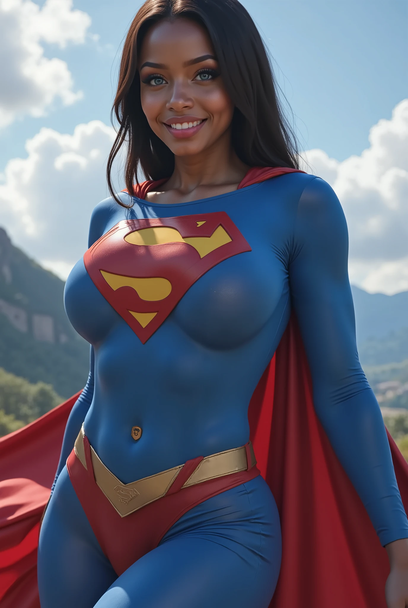 (Carrying THE WEIGHT OF THE WORLD ON her shoulder). SEXY BLACK AFRICAN 17-YEAR-OLD FEMALE COSPLAYER WITH big BLUE EYES **"FULL ENTIE BODY STANDING POV OF A stunning, highly detailed, and ultra-realistic portrait of a SEXY BLUE EYED I GIRL, proudly wearing the iconic RETRO 1980 SUPERMAN costume. The vibrant royal blue bodysuit shimmers under the soft natural lighting, adorned with a bold, raised red and yellow 'S' emblem on her chest, signifying her legacy as Superman’s daughter. A flowing red cape BILLOWING behind her AS SHE WALKS, its silky texture catching the light, enhancing the depth of the image. Her long, jet-black hair is neatly pulled back into a sleek ponytail, revealing her striking blue eyes that radiate confidence and warmth. She has a bright, playful smile, showcasing her pearly white teeth, adding to her charismatic presence. Her skin appears flawless, glowing naturally, with soft highlights accentuating her features black hair, longeyelashes, solid circle eyes, 8k, super detail, best quality, highres, award winning, best quality, super detail, textured skin, UHD, retina
masterpiece, best quality, high quality, extremely detailed CG unity 8k wallpaper, scenery, outdoors, sky, cloud, day, no humans, mountain, landscape, water, tree, blue sky, waterfall, cliff, nature, lake, river, cloudy sky,award winning photography, Bokeh, Depth of Field, HDR, bloom, Chromatic Aberration ,Photorealistic,extremely detailed, trending on artstation, trending on CGsociety, Intricate, High Detail, dramatic, art by midjourney