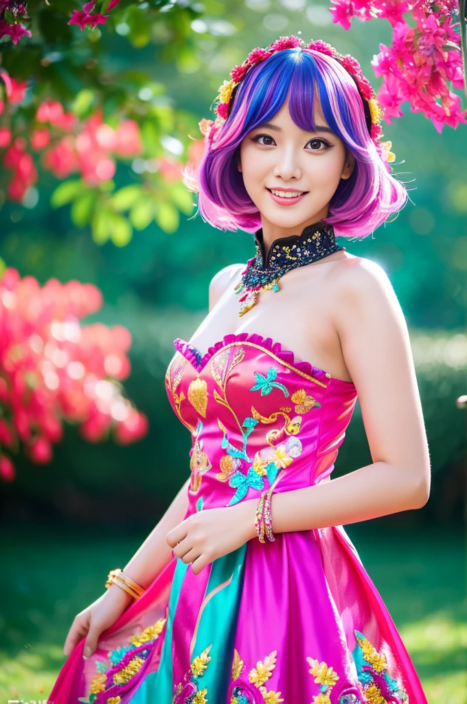 (masterpiece:1.4), (best quality:1.4), ultra high res, ultra high resolution, ((ultra detailed facial features)), HDR, (realistic, photorealistic, photo-realistic:1.37), full body Esbian, sexy Swedish model, (-anime), vivid colors, ((vivid colors multicolor (fuchsia, pink, light blue, purple) very short hair)), (big smile), ultra detailed metallic makeup, lip-gloss, long lashes, defined eyebrows, wearing large sparkling colorful jewelery, wearing a red silk Paradise Kiss cosplay dress with black floral embroidery, ((vivid colors outfit)), vivid colors, look at the camera, cinematic light, large park background with trees, sweet and sexy pose