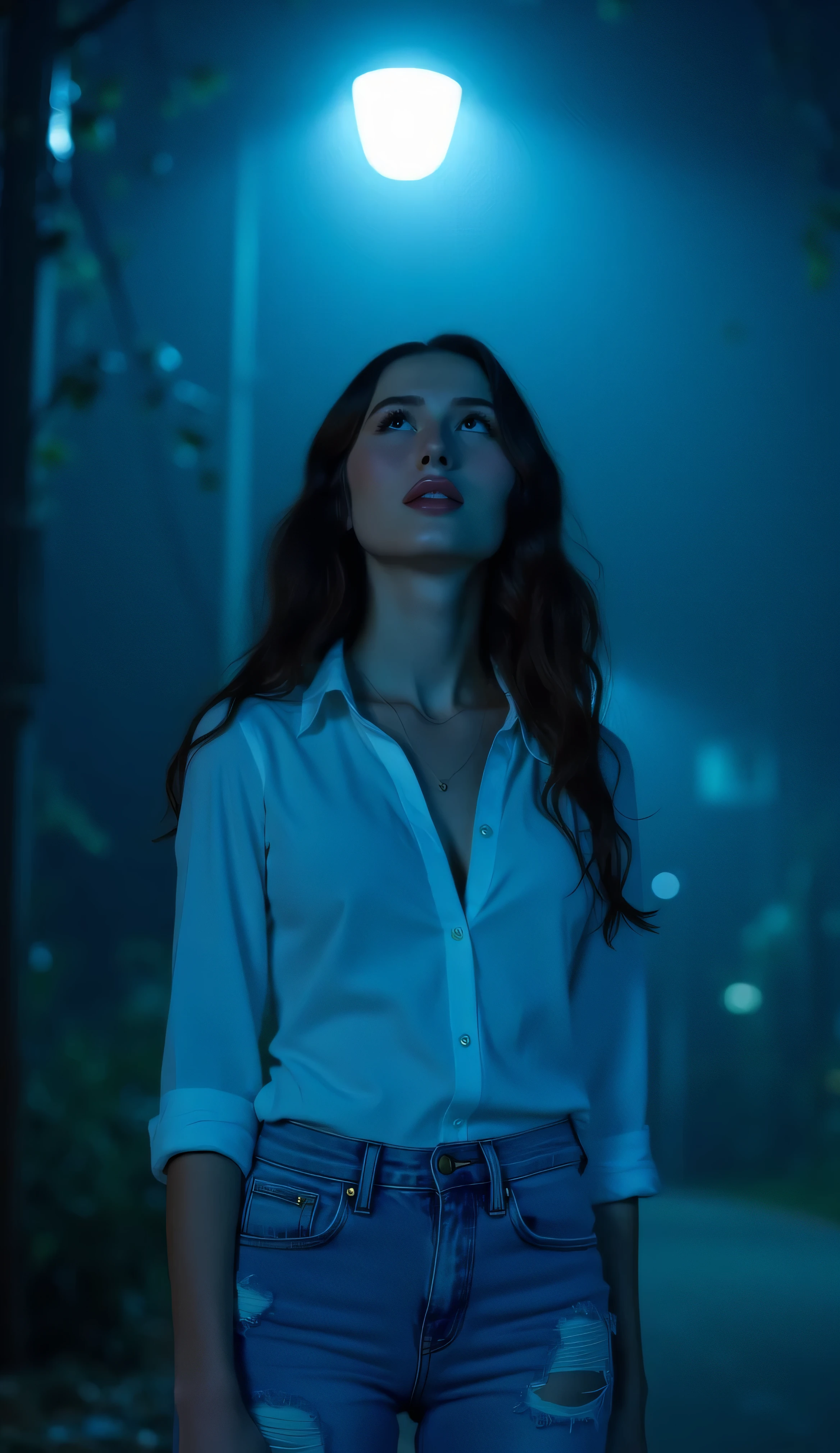 A full body frontal shot of a beautiful woman with dark wavy hairstyle, ((very pale skin)), looking up at a streetlight, dressed in a pure white unbuttoned casual dress shirt, torn light blue skinny jeans, cinematic shot, cinematic composition, portrait, close up, thick mist, ((((deep dark sapphire blue color)))), at night, darkness, shadow, masterpiece, digitalart, painting, split complementary palette, muted, monochromatic, achromatic, (cinematic artistic composition), best quality, (ancient feel), philosophy, (flickers of floating glowing tiny blue particles), (((digital art style))), brushstrokes, artistic