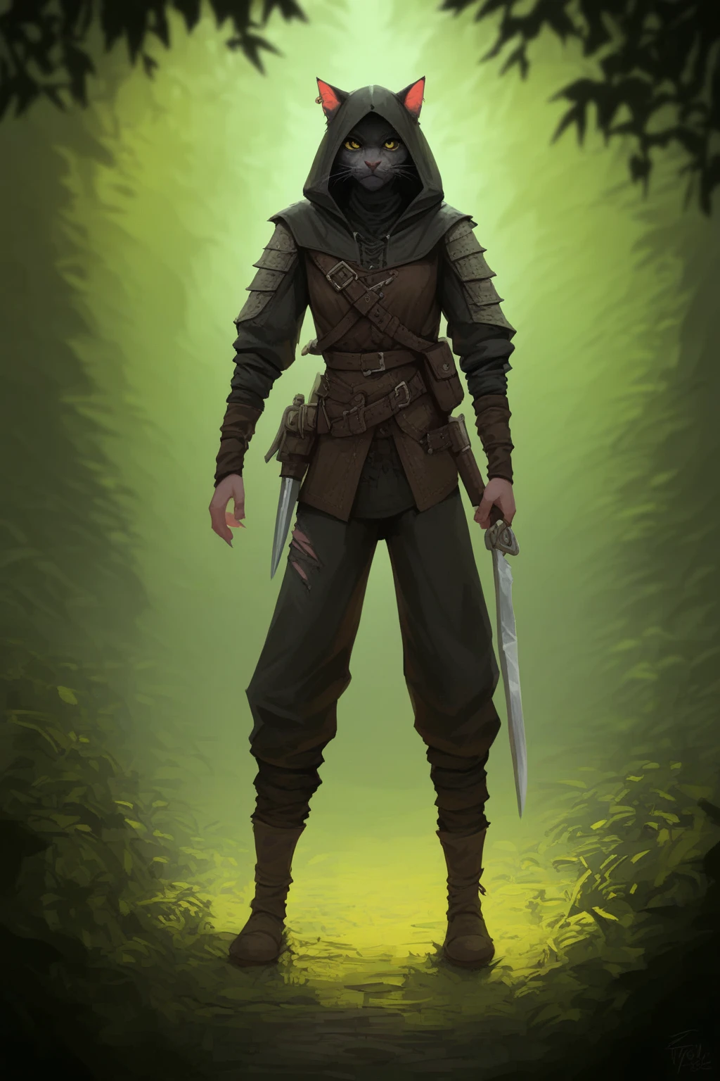 (( man)), ((robber with crossbow and dagger)), black hair, (((Tabaxi))),  cat ears, in medieval poor torn clothes, thug , (blurred background). against the background of a scary dense forest.
