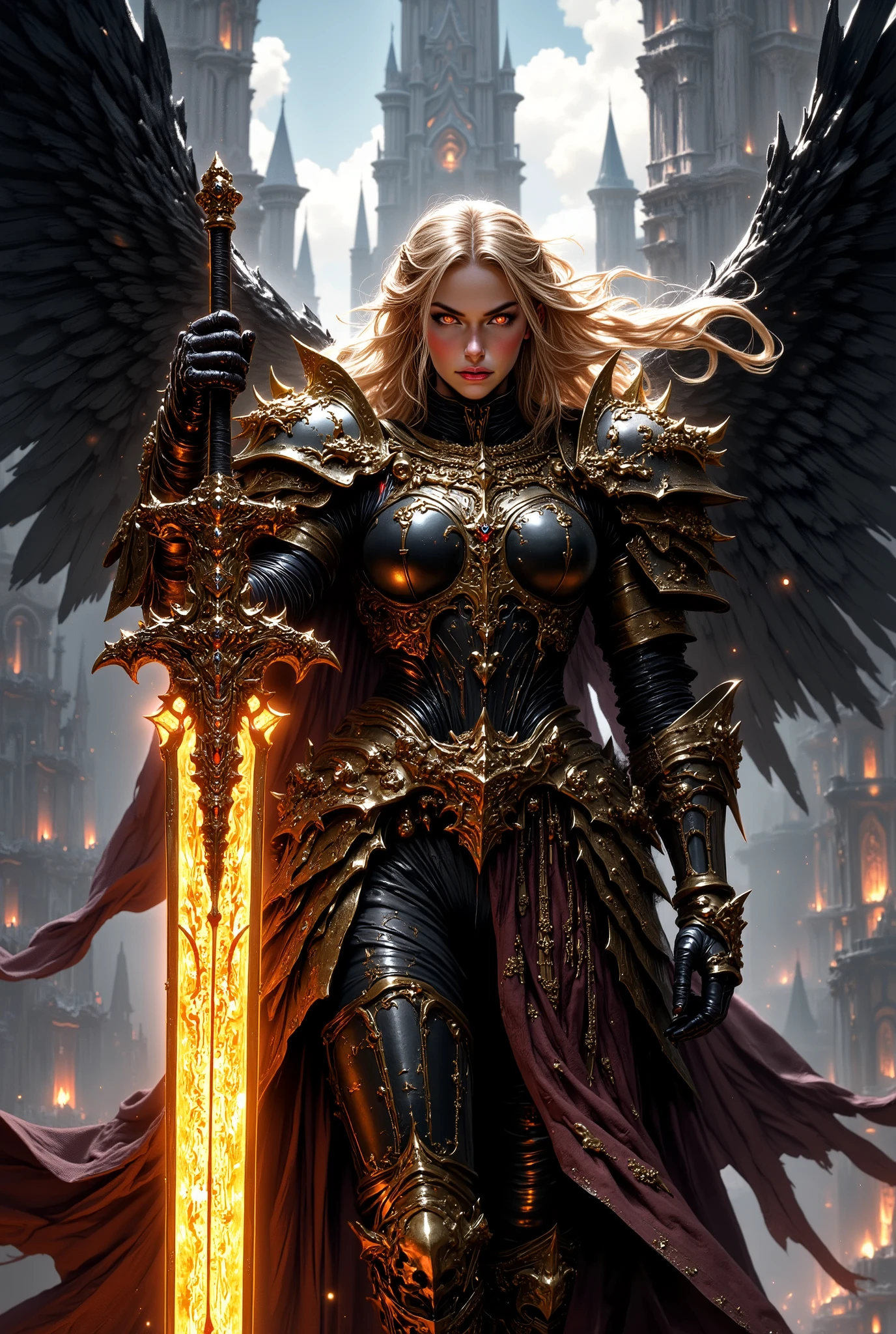 This high-quality digital artwork depicts a fierce, armored female warrior angel with long, flowing golden hair, holding an intricate glowing, runed yellow long sword. She has large, black wings and is clad in intricately designed, dark metal armor that covers her torso and arms. Her expression is determined and powerful. The background features a skyhigh dark tower with a bizarre and horrifying architecture. The camera angle is low, looking up at the female warrior angel, emphasizing her imposing presence. The depth of field is shallow, keeping her in sharp focus while the background is slightly blurred. The overall aesthetic quality is very high, showcasing excellent use of lighting and composition.