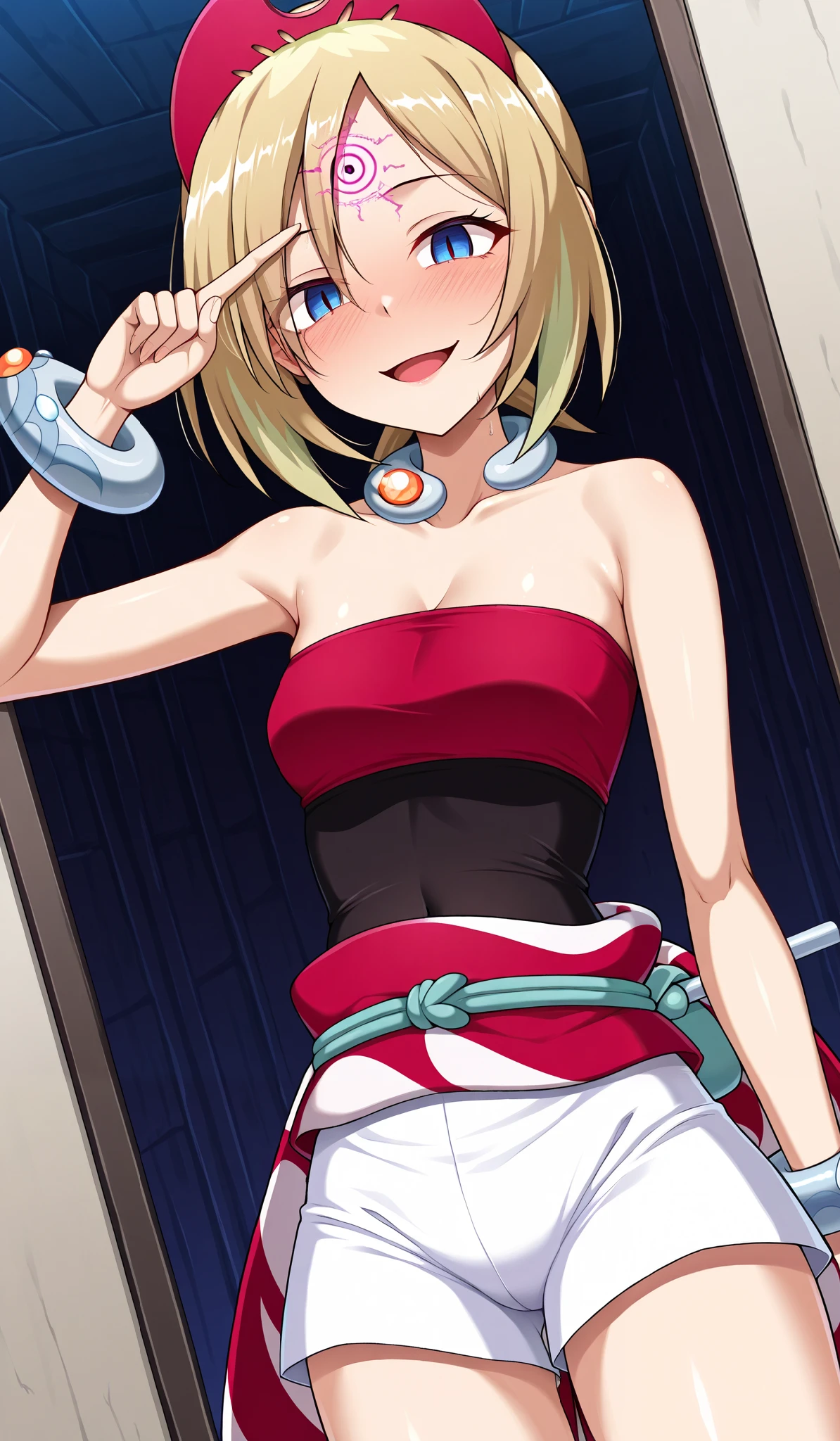 1 girl,(It looks like they are being manipulated by hypnosis, is unlocked ,Consciousness Has Been Taken Over),Pokemon Irida, Pokemon Irida, blond hair, blue eyes, o, medium hair,
bracelet, above Decorati has , jewelry, collar , red headwear, red shirt, band, shirt, SHORTS, Strapless, Strapless shirt, waist cape, white SHORTS,Cowboy Shooting, Dutch Angle,(Hypnotic:1.3),(No Eye Highlights), insane smile,open mouth,A grinning expression,Place your index finger on your forehead with one hand,Eye crest on forehead,( no characters),in caves