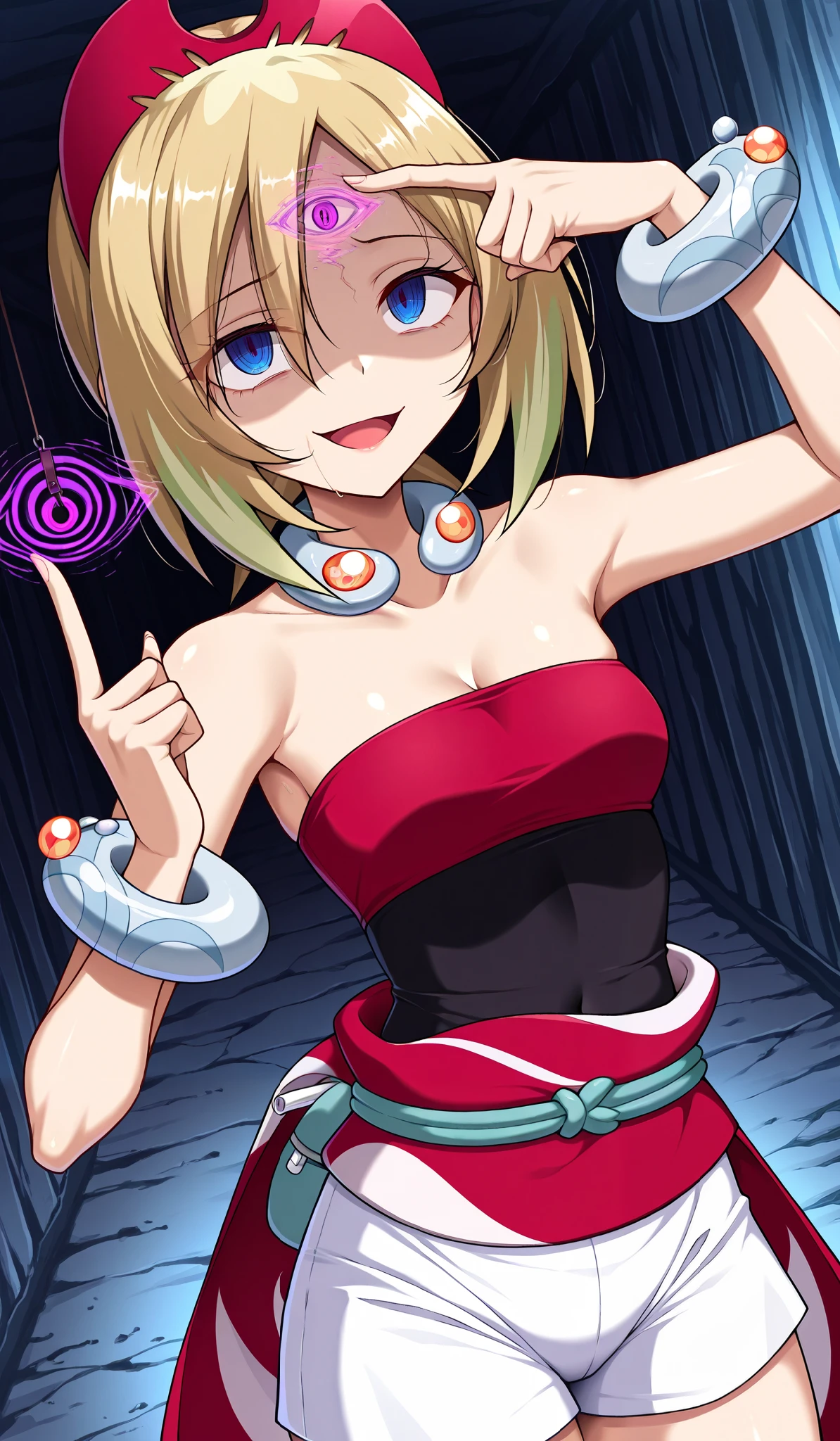 1 girl,(It looks like they are being manipulated by hypnosis, is unlocked ,Consciousness Has Been Taken Over),Pokemon Irida, Pokemon Irida, blond hair, blue eyes, o, medium hair,
bracelet, above Decorati has , jewelry, collar , red headwear, red shirt, band, shirt, SHORTS, Strapless, Strapless shirt, waist cape, white SHORTS,Cowboy Shooting, Dutch Angle,(Hypnotic:1.3),(No Eye Highlights), insane smile,open mouth,A grinning expression,Place your index finger on your forehead with one hand,Eye crest on forehead,( no characters),in caves