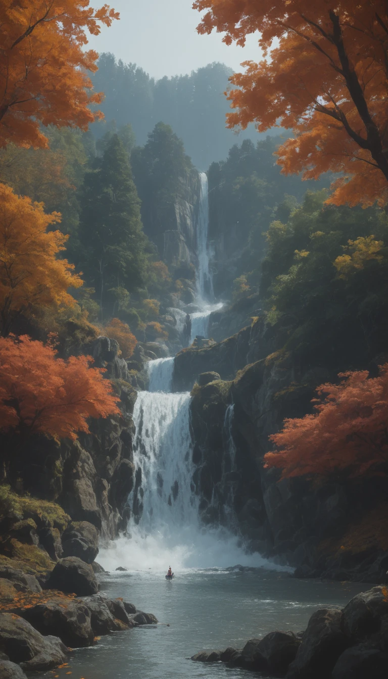high image quality画像では、oil,(非常にComprehensiveCG Unity 8k壁紙),Images of autumn leaves in the forest and a spectacular river ,Small waterfall, Thick Fog ,Award-winning photo, Color Difference, Comprehensive, high image quality, Orange blossoms blooming, Monet's Style、Detailed flower field 、popular on ArtStation、fascinating harsh conditions that have been talked about in cloudscape art、 Art by Midjourney