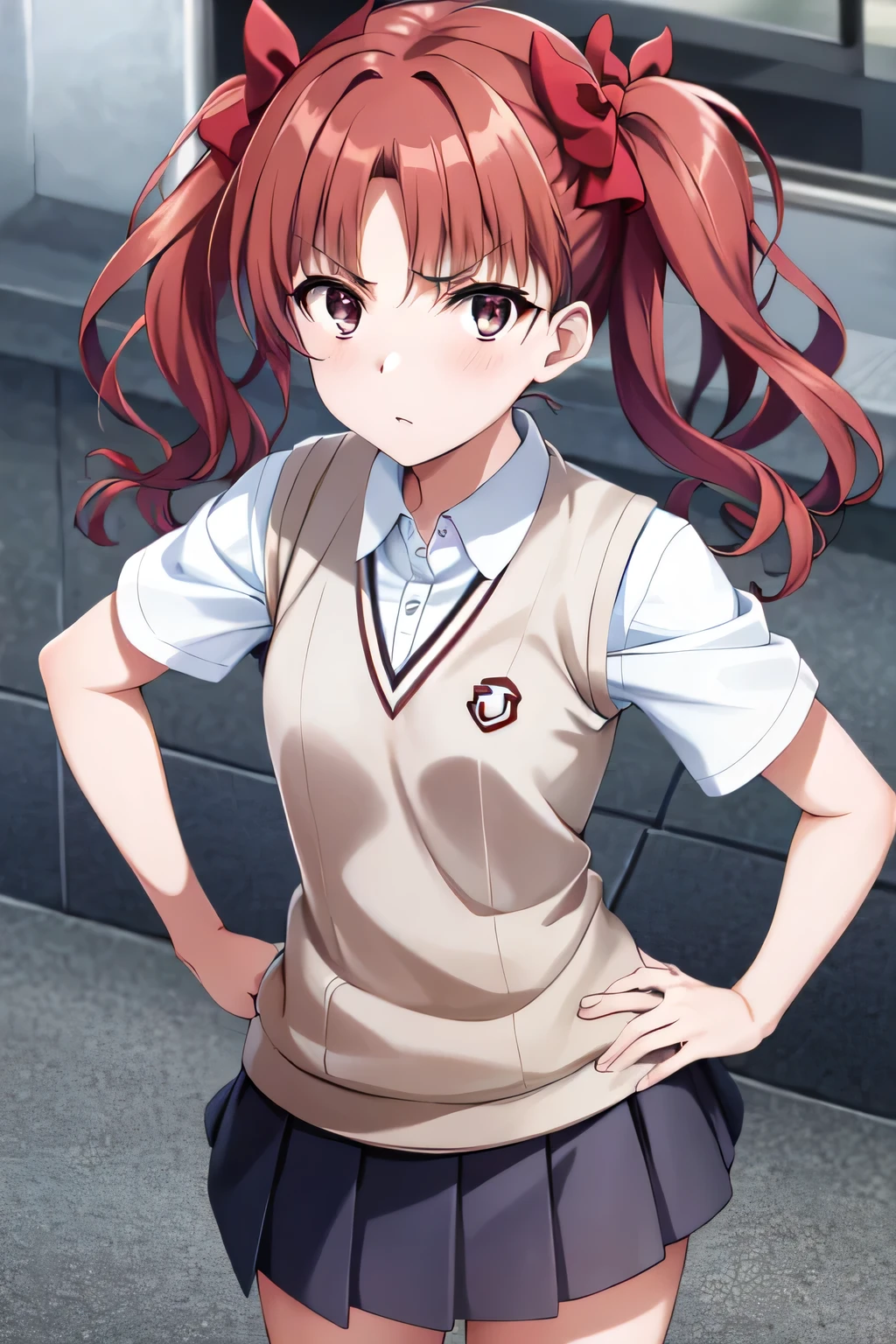 pov, from front shoot, 1girl, kuroko shirai, brown hair, long hair, brown eyes, twintails, red hair bow, bow, both hands on hip:1.5, staring at viewer, mad:1.3, Flushed with frustration, tokiwadai school uniform, sweater vest, pleated skirts, armband, street background (extremely detailed CG, masterpiece, highres icon,absurdres,4K)