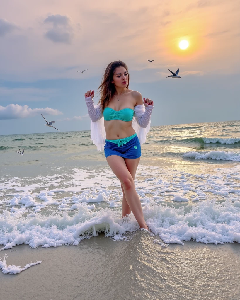 woman in a pink dress is walking into the sea, long pink gloves, elegant, closeup fantasy with water magic,((waves)), beautiful maiden, wearing a dress made of water, cleavage, nude belly, realistic oil painting, dripping wet, in water up to her shoulders, sofiax, woman soaked by waves,  beautiful realistic photoshot, nymph in the water, hyperrealist portrait in ocean, hyperrealistic real photo, splashing, realistic polaroid, cute shot, narrow depth of field, portrait, sunset, golden hour, 8k, sfw, drenched, ((soaked)), dripping water, dripping oil, heavy clothes, soaked in oil, wet all over, rouge lipstick, wet dripping hair