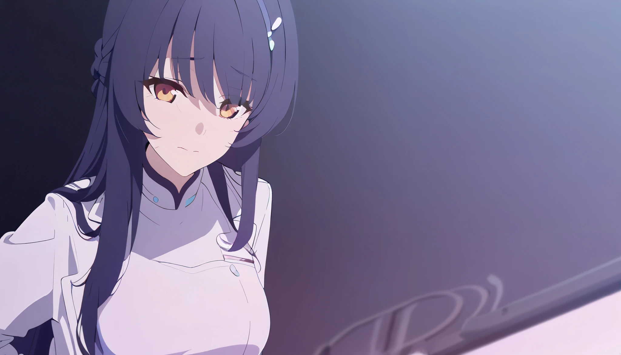 masterpiece, best quality, solo, 1girl, mature, dark blue hair, long hair, orange eye, medium breast, pastel purple operation room outfit, white pharmacist coat, standing, looking at viewer, shy but confident, faint smile, black background only