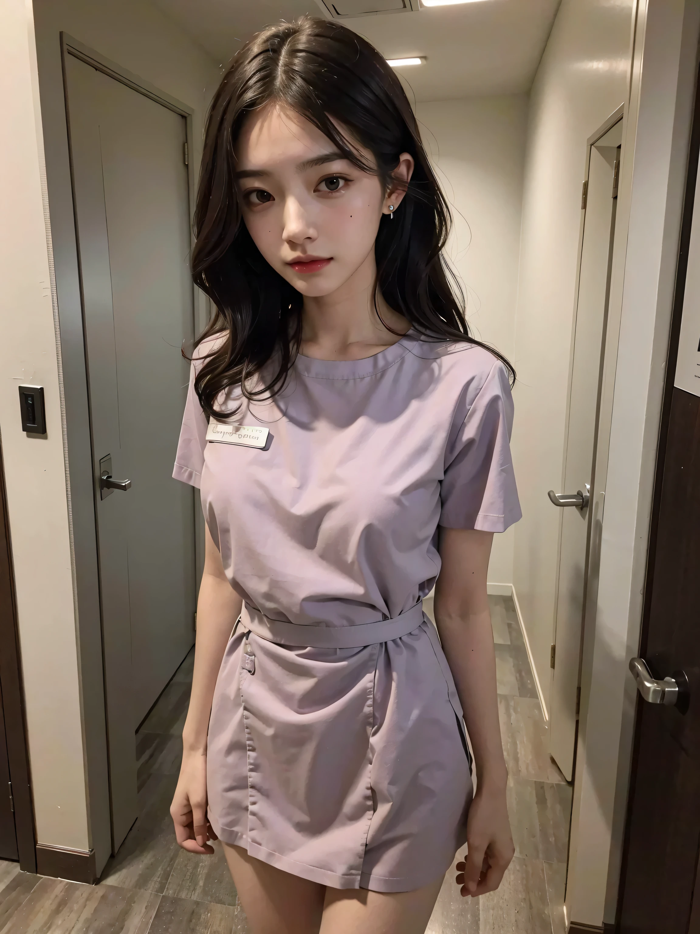 absurdres, RAW photo, extremely delicate and beautiful, masterpiece, Best Quality, ultra high resolution, 32k, hyperrealistic, ultra-detailed, perfect figure, in her 20s, very small head, very small face, delicate facial features, tearful mole, earring, ((very huge breasts)), ((full body shot)), medium hair, black hair, hospital, Down blouse, Female nurse, Super tight uniform, Name tag on chest, Stethoscope from the neck,