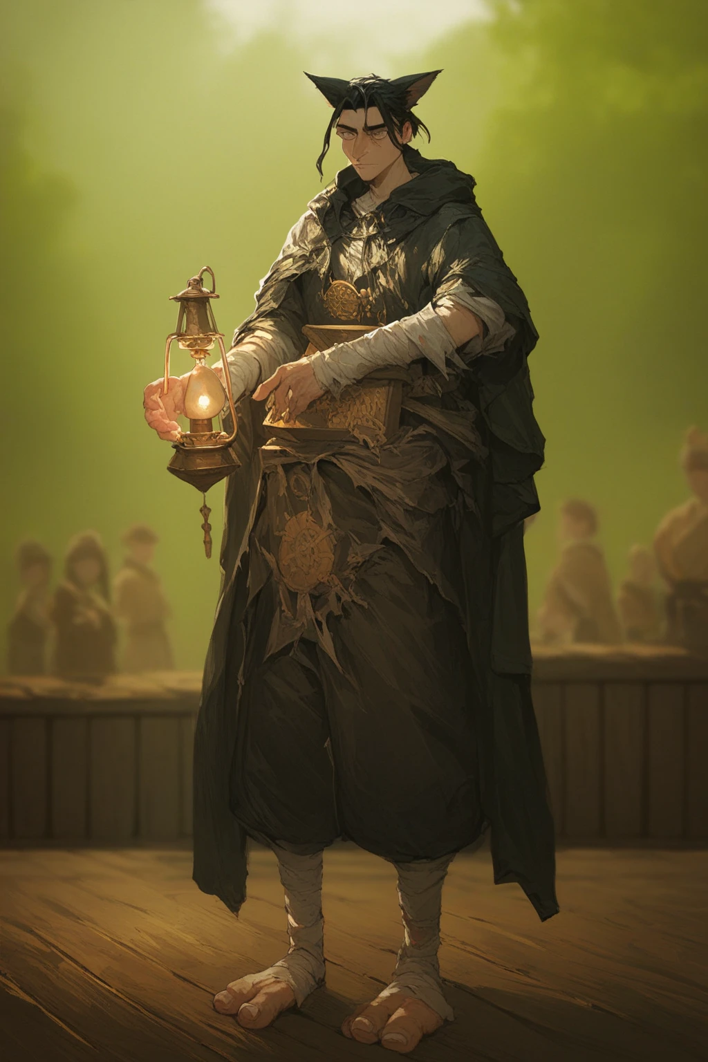 (( man)), ((Alchemist)), black hair, (((Tabaxi))),  cat ears, in medieval poor torn clothes, with a bulb in his hand, (blurred background). wooden basement room in the background, лаборатория Alchemistа.