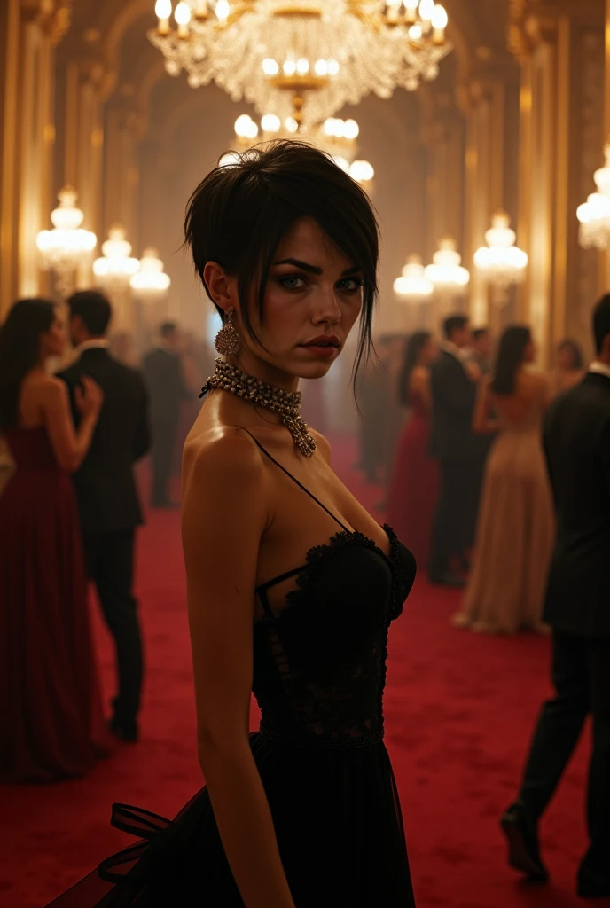 Evil Taylor Swift with black hair at a wedding with her husband
