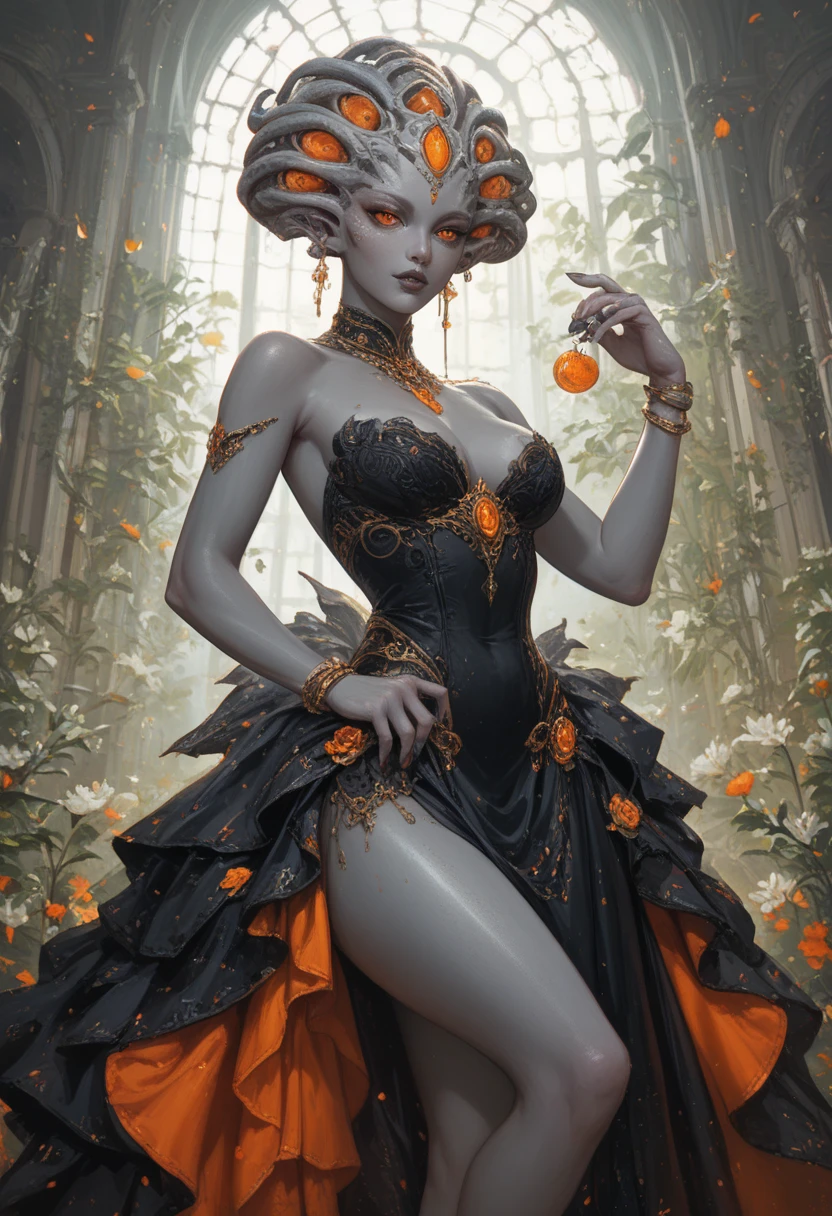 <lora:ExoBioTech:1.0> exobiotech female Golden age, Graceful, Sub-Saharan African, Steel gray eyes, Articulate Fingers, Glamorous evening makeup , Jet Black Pixie cut hair, Grief wearing PoppyRed Denim Wrap skirt, Olive Ruffle blouse, Stilettos, Sailor hat, , Kneeling with head bowed, displaying humility or prayer