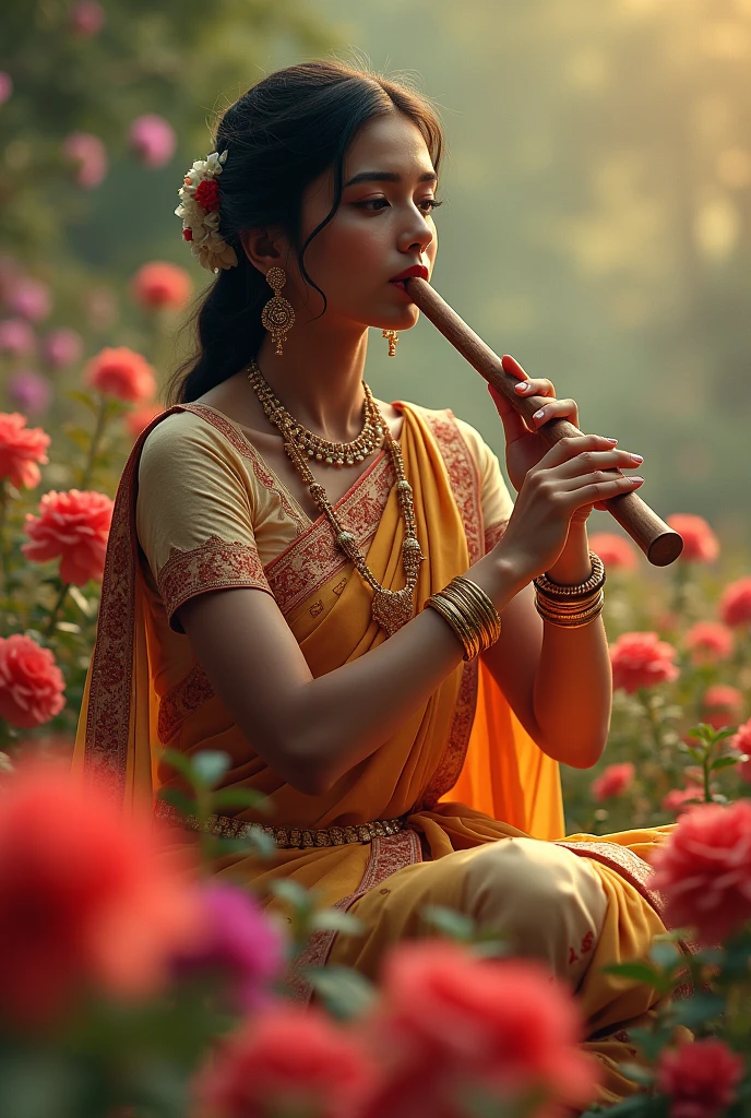 An Indian woman playing the flute in a flowery environment