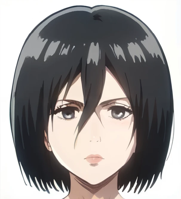 mikasa ackerman, nude, short hair, black hair, dark eyes, nose, nostrils, detailed lips with attack on titan style, neck, detailed hair, detailed face, high quality, (design faithful to the original), ((attack on titan style)),