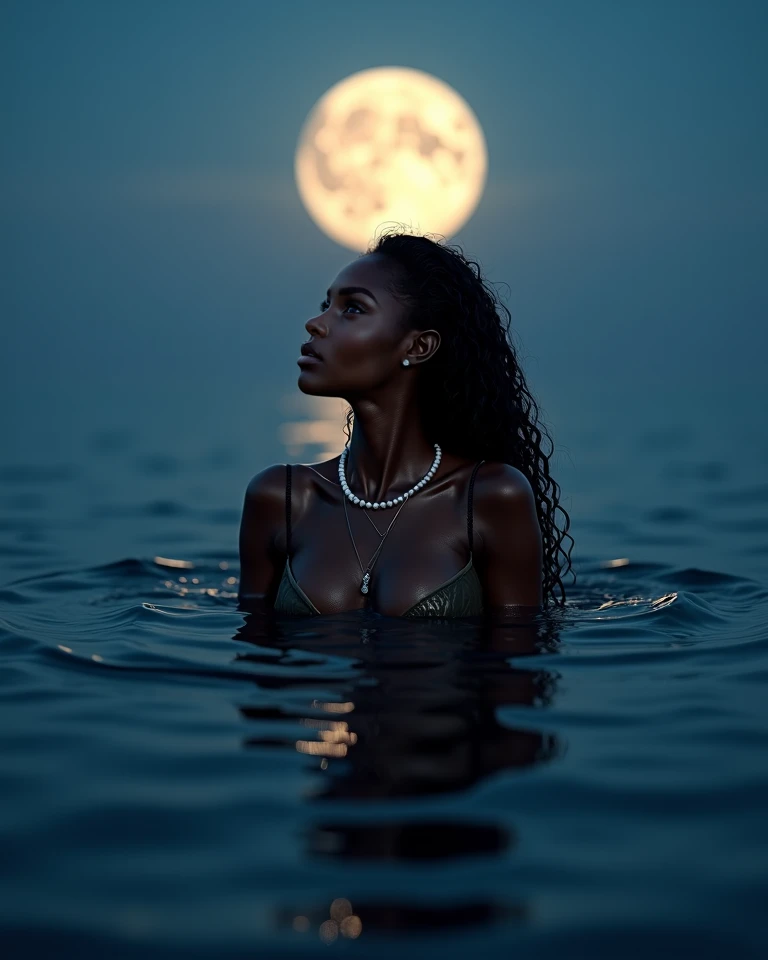 black woman dressed in silk casual model clothes, metallic chains wrapped around her body as she models across the bridge over the ocean, glowing ocean waves splashing water on her and lighting the scene, night time , 32k, ultra HD