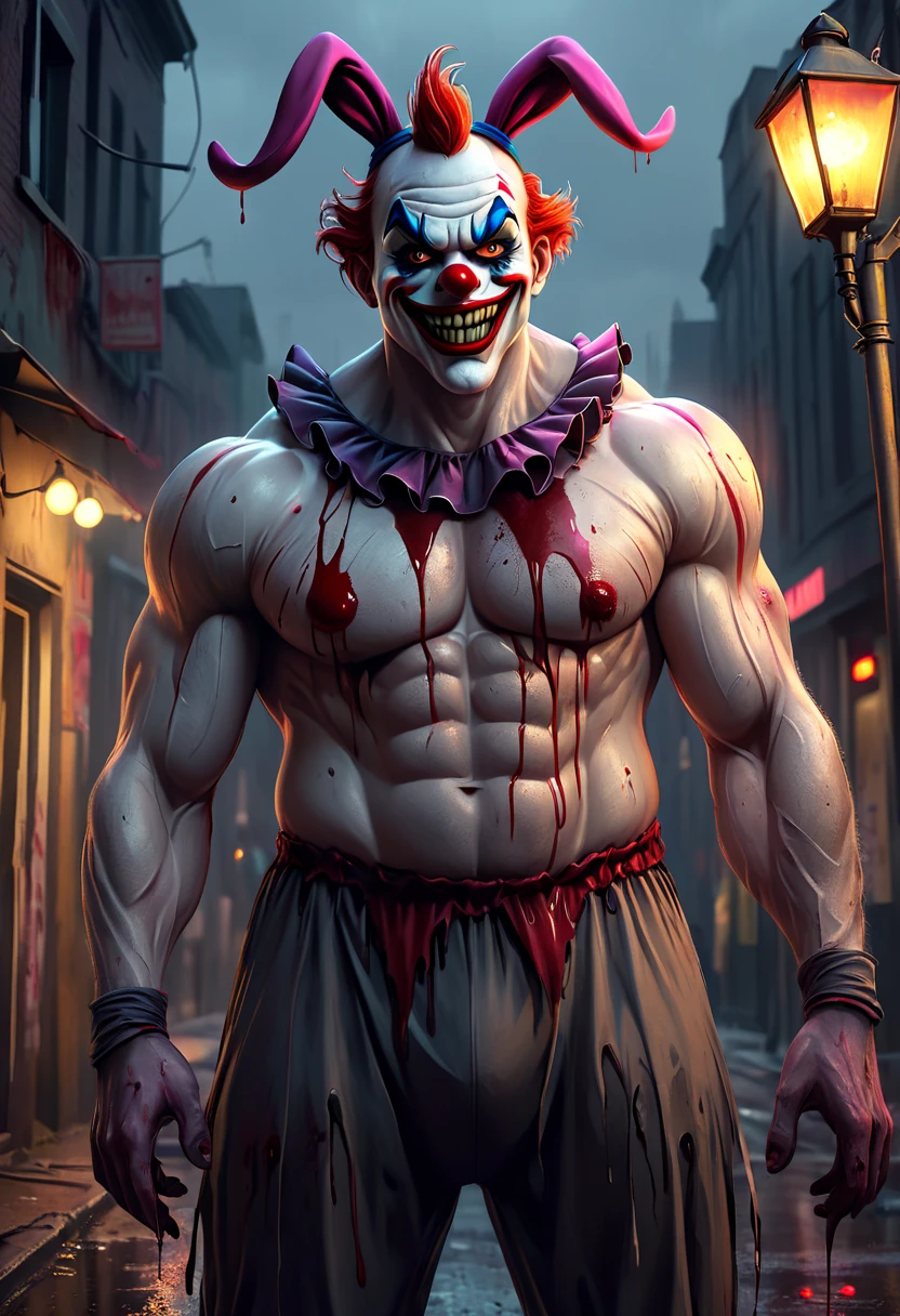 homem musculoso, cabelo e barba pretos, deformed clown mask, sorriso assustador, sem camisa, segurando uma marreta, Night scenery, corpo inteiro, horror, terror