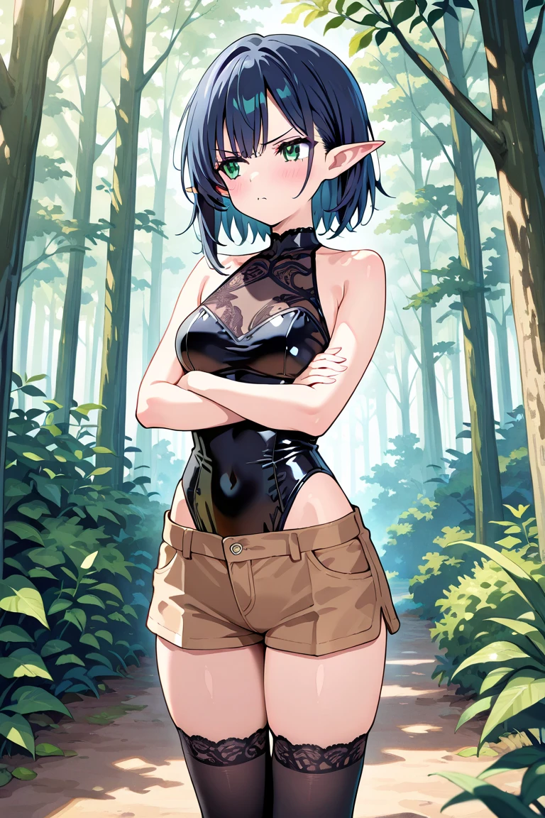 HD, 8K, Illustration, official artwork, anime style, wallpaper, official art, pastel colors,, 1girl, Pixie cut, saggy breasts, Slim body, black eyes, Mint green hair, Squatting pose, at the shire