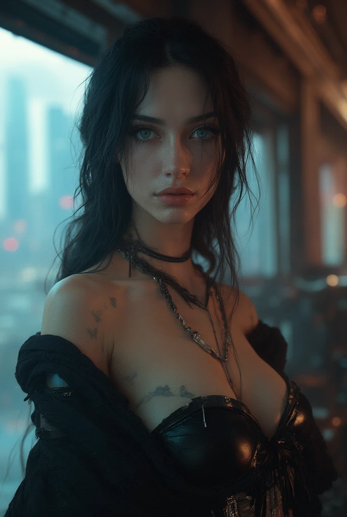 (), dressed gothically tone hair bangs are dark blonde large buns on the top of her head green eyes dark eyeliner, dark eyeshadow, black lipstick open chest clothing dark nails entire body covered in tattoos has a large septum piercing has a vertical labret piercing many ear piercings, ((large breasts|tits and saggy breast in 169cm: 1.1)), solo, full body, full photo view, (LoRA:Russian Doll Likeness: 0.75) Russian Doll Likeness, (LoRA:Fake Breasts_2*: 1.115) Fake Breasts_2*, (full_body:1.2), breasts exposed, looking at the viewer