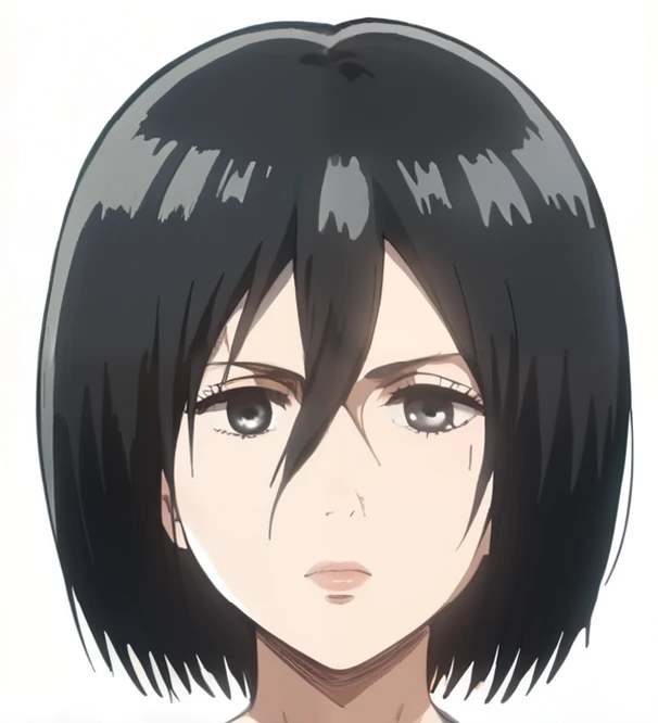 mikasa ackerman, nude, short hair, black hair, dark eyes, scar under eye, skin tone taken from anime, neutral expression, nose, nostrils, detailed lips with attack on titan style, neck, detailed hair, detailed face, high quality, (design faithful to the original), ((attack on titan style)),