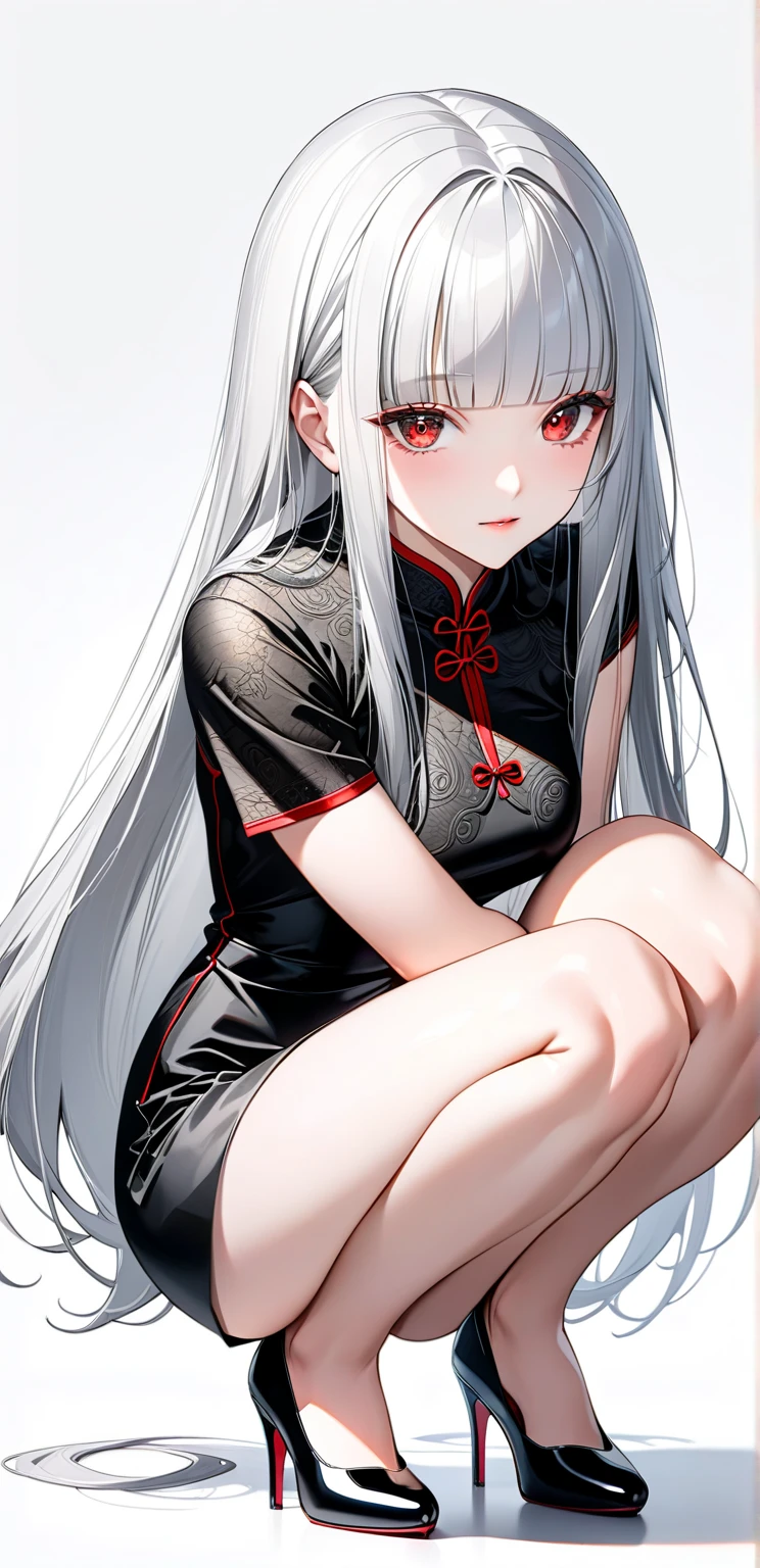 The white-haired girl has long legs and red eyes