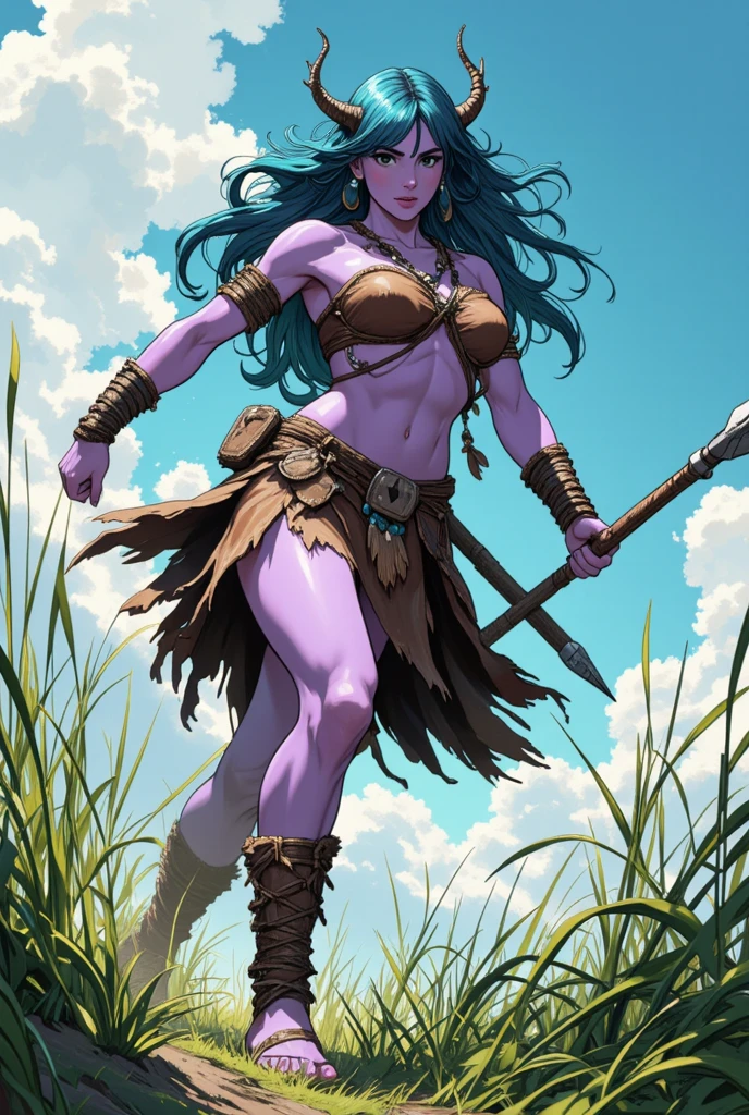 ((best quality)), ((ultradetailed)), ((masterpiece)), Photo, Scene: Vast Prairie, Subject: Anthropomorphic Mafia, Character: Female Buffalo,Woman, Appearance: Slender and muscular, Action: Fighting Posture, expression: smiling, holding a magic wand, wearing animal skins, gold necklaces, tattoos, the character is centered, angle of view: head-up, quality: 4K.