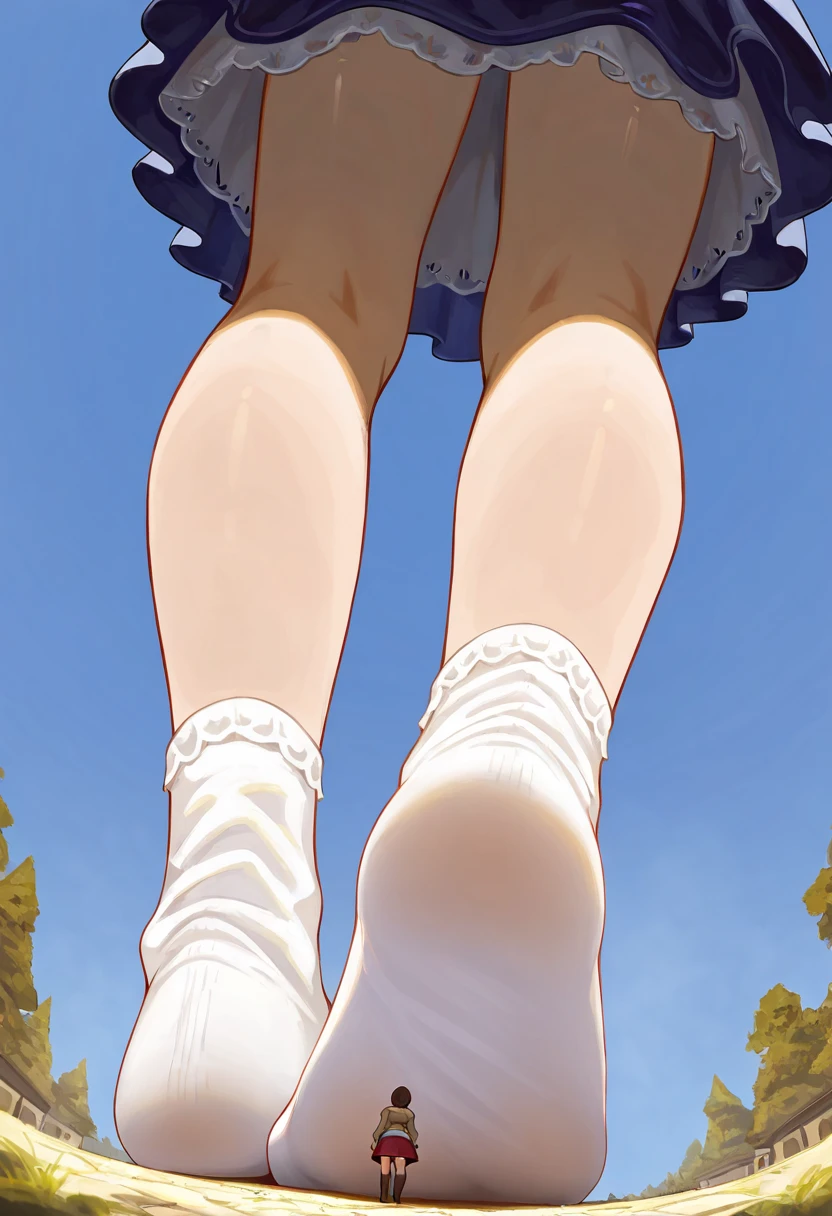 A towering giantess with a cool, relaxed hippie style.、1 girl,gray hair,purple eyes,maid,long hair,Drooping eyes. Her toned and athletic physique、suggests her mighty power。. It seems like you are casually strolling through the lively streets of GTS City., With towering buildings towering overhead、. Smoke and clouds swirl around her, Further heightening the sense of epic scale and drama. 照明がdark, dark, and realistic, create a tense and eerie atmosphere. 視点はfrom belowです, Emphasize the majesty and power of giants.blush,sweating,bare feet,feet,(5 fingers 1.5),onlys of feet,feet focus,sweating,bare feet,FFA,from below,feetを上げる,only,feet,Ultra-fine illustration looking at the viewer, perfect ???????