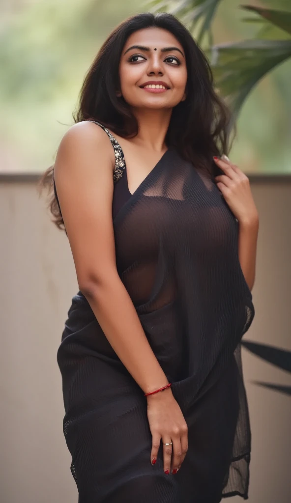 a indian girl, white skintone, golden hunter eyes, soft pink lips, skin&body soft, wearing black saree, medium size weight, 20year girl, ultra realstic , Instagram