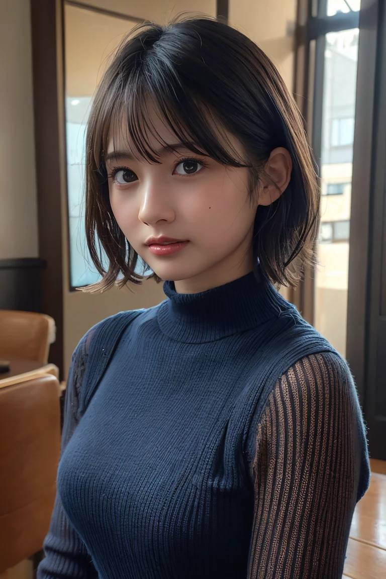 (Highest quality:1.4),(masterpiece:1.4),(Realistic:1.4),(Realistic:1.2),(超High resolution, RAW Photos:1.4),(High resolution, Very detailed:1.2),(8K:1.2),Cinematography,a photo of a dark-haired,Her hairstyle is a short bob with bangs.,One Girl,alone,(White turtleneck),((Upper Body:1.3)), ((medium breast:1.2)), (small areolae:0.5), (small nipples:1.0)