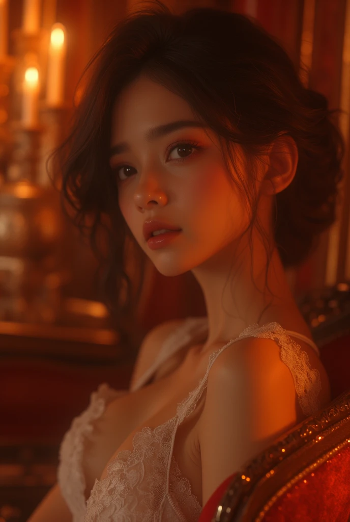 labios brillantes、pelo duendecillo、cara hiperdetallada、labios detallados、Un ojo detallado、double eyelids、ear nipple ring、pulsera、small necklace、delineador de ojos oscuro、Iris heterochromatic eyes, ceja gruesa、（tetas colosales:1.3）、((Esbian de cuerpo completo))、((Women after exercise.))、(erotic face),(sombra de ojos oscura)、(posing gravure idol)、((muslos tonificados)),(modelo posando)、((1 mujer))、(Woman in sexy red gothic dress)、(In a dimly lit castle room)、la bruja、Gothic clothing、chica vampiro,discreet lighting、8k,pieza masetero、(gothic lolita)、detailed facial expression、Kanna Hashimoto