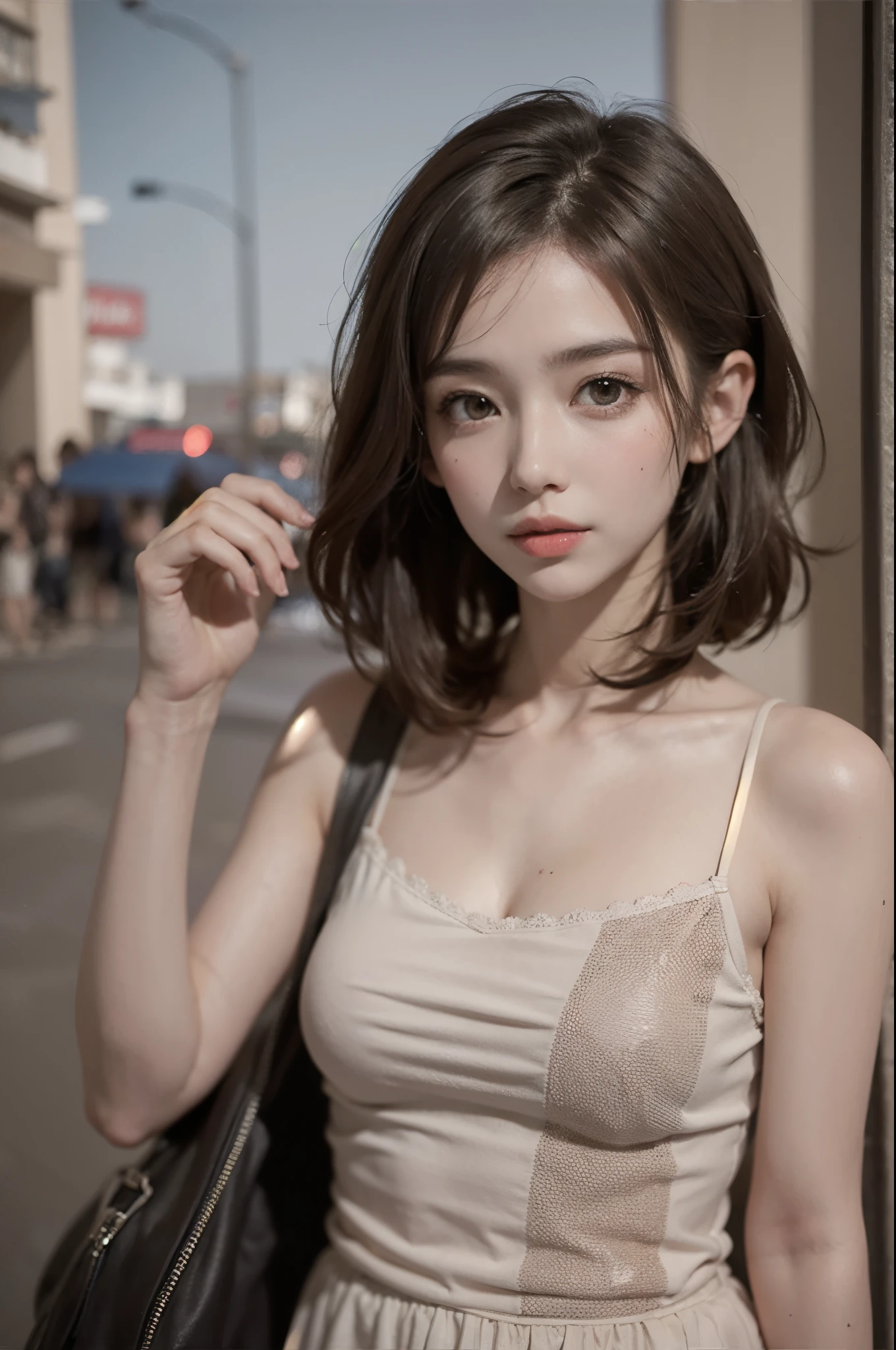 Mature Korean woman, a fashion model, wearing a white dress, glamour, paparazzi photographed her, short blackish brown hair, brownish eyes, 8k, high quality, work, best quality, HD, Ext