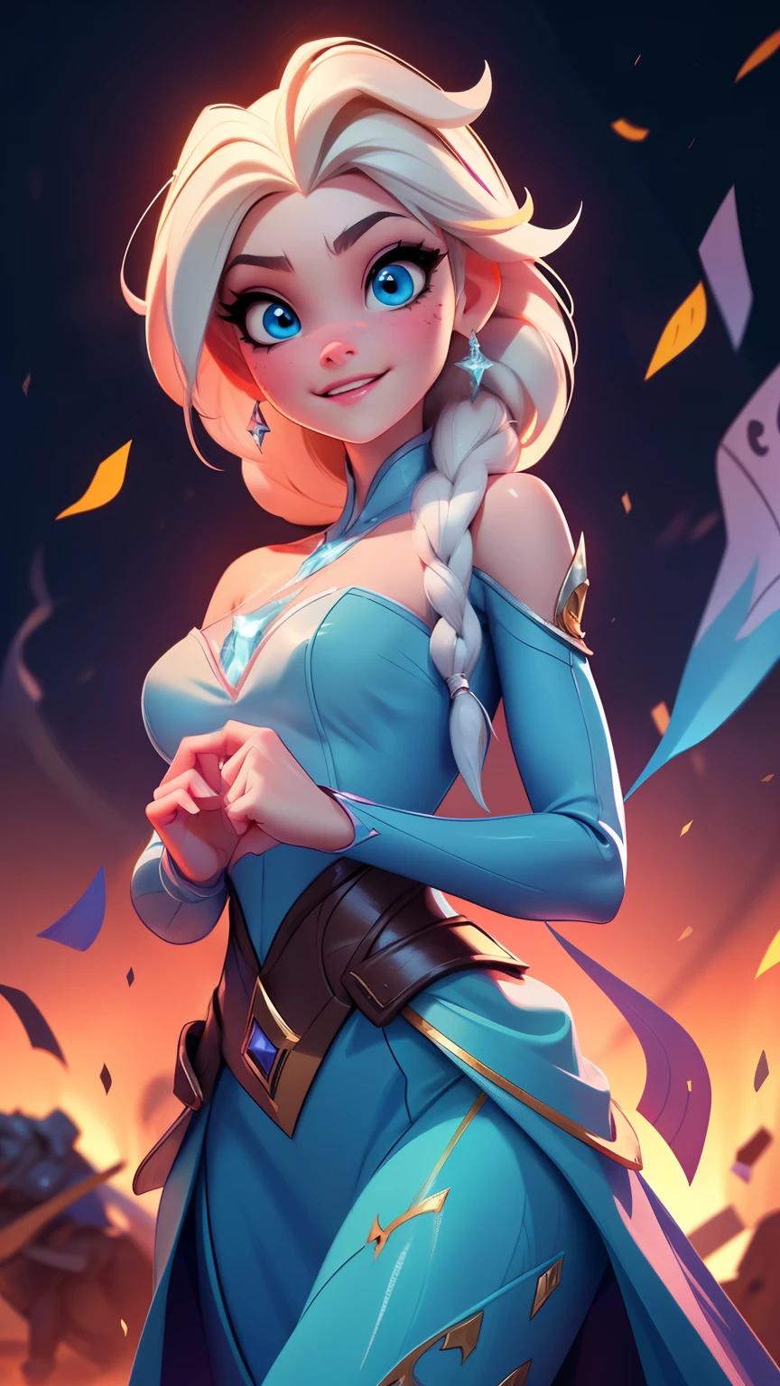 Elsa-D.Fusion, Fusing models, melting, The clothes of d.and, 1 girl, beautiful, character, Women, Feminine, (Master part:1.2), (best quality:1.2), (Alone:1.2), ((fighting pose)), ((Battlefield)), cinematographic, perfect eyes, perfect skin, perfect lighting, smile, luz, cor, Textured skin, Detail, Beauty, to wonder, ultra detailed, perfect face