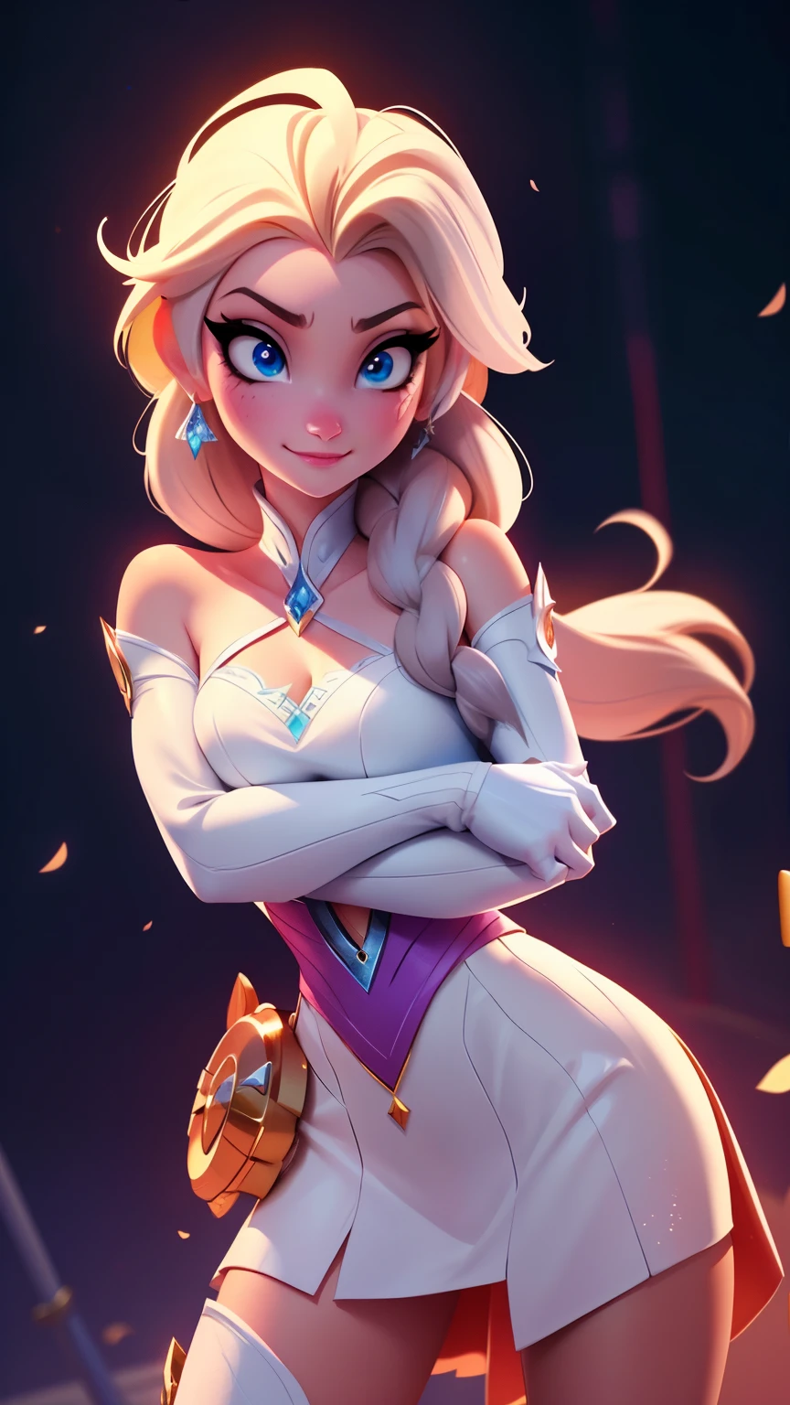 Elsa-D.Fusion, Fusing models, melting, The clothes of d.and, 1 girl, beautiful, character, Women, Feminine, (Master part:1.2), (best quality:1.2), (Alone:1.2), ((fighting pose)), ((Battlefield)), cinematographic, perfect eyes, perfect skin, perfect lighting, smile, luz, cor, Textured skin, Detail, Beauty, to wonder, ultra detailed, perfect face