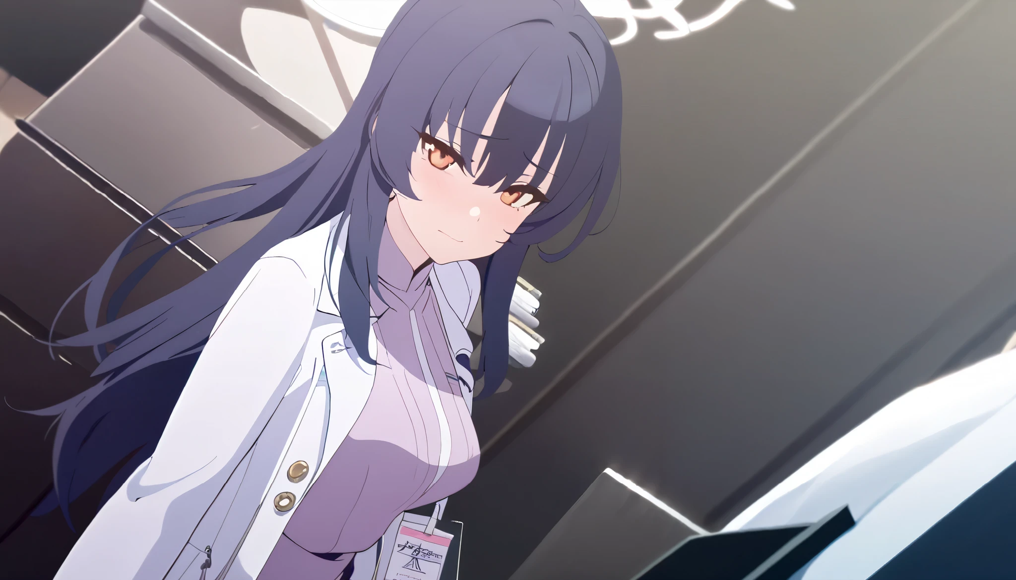 masterpiece, best quality, solo, 1girl, mature, dark blue hair, long hair, orange eye, small to medium breast, pastel purple outfit, white pharmacist coat, standing, looking at viewer, shy but confident, faint smile, black background only
