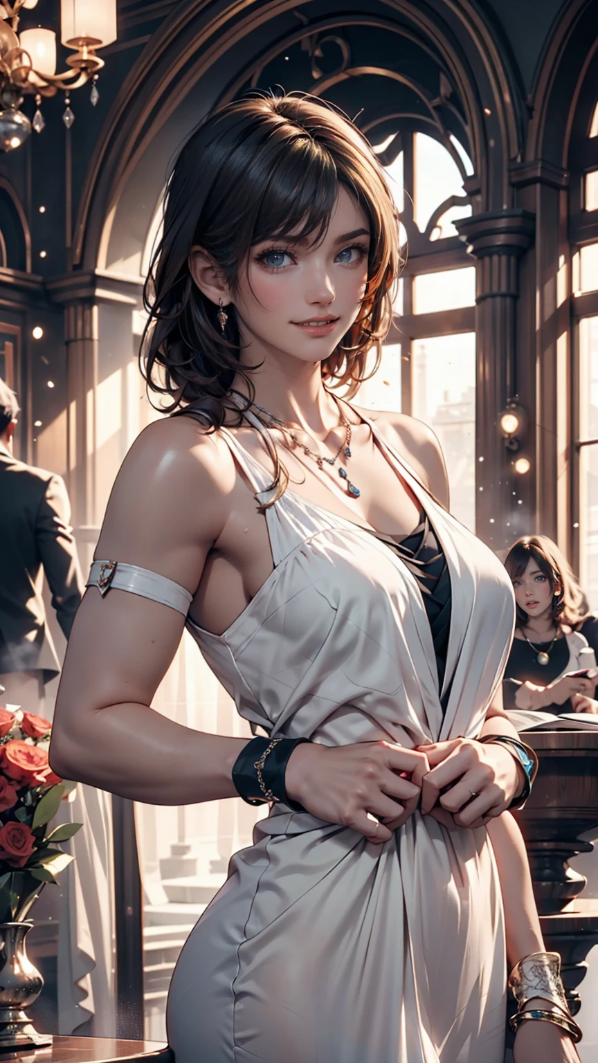 In the luxurious ballroom、A woman in an elegant dress is dancing gracefully。The crystal chandeliers sparkle、The light reflects off her dress, creating a beautiful glow.