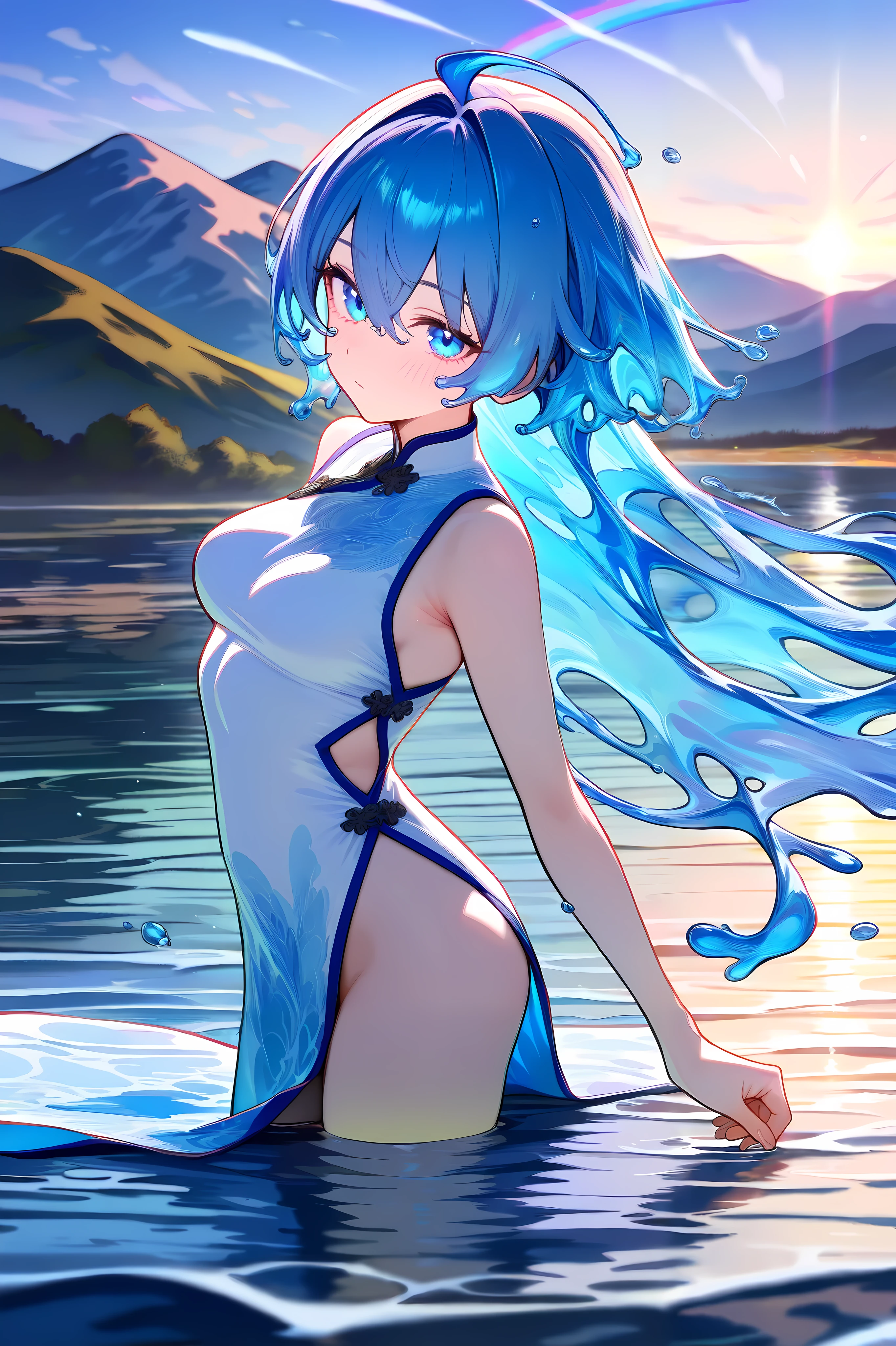 masterpiece, best quality, amazing quality, newest, very aesthetic, solo, 1girl, close-up, liquid hair, water, blue hair, blue eyes, medium breasts, china dress, pelvic curtain, white dress, standing, dynamic pose, looking at viewer, partially submerged, water, lake, mountain, waterfall, cloudly sky, sunbeam, sunshine, reflective water, rainbow, amazing background, depth of field, highres, absurdres