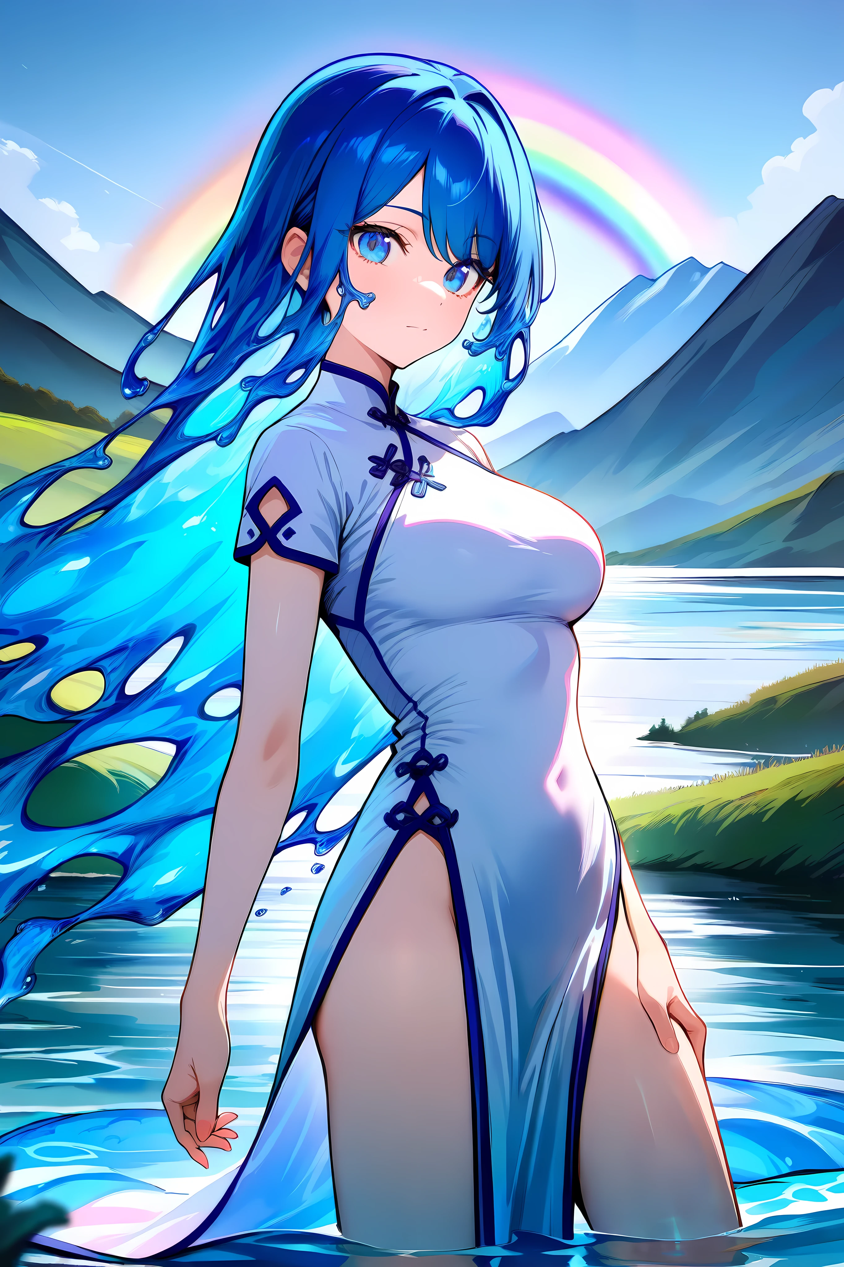 masterpiece, best quality, amazing quality, newest, very aesthetic, solo, 1girl, close-up, cowboy shot, liquid hair, water, blue hair, blue eyes, medium breasts, china dress, pelvic curtain, white dress, standing, dynamic pose, looking at viewer, partially submerged, water, lake, mountain, waterfall, cloudly sky, sunbeam, sunshine, reflective water, rainbow, amazing background, depth of field, highres, absurdres