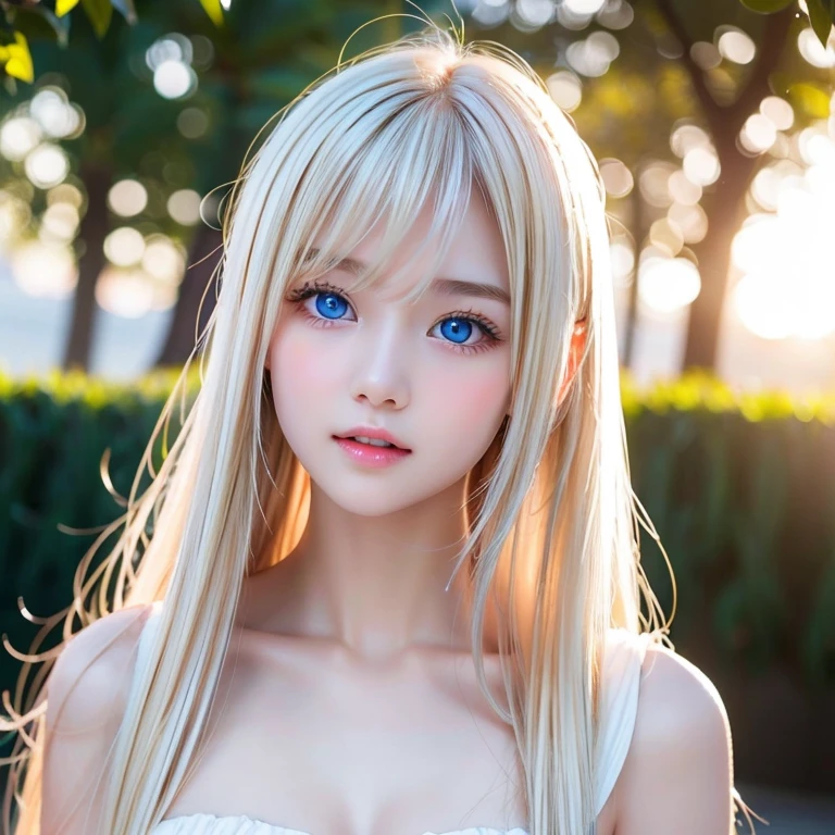 highest quality　Shining, clear, white skin、Her windblown blonde hair hides her beautiful face、huge、20 years old cute sexy little beautiful face、Beautiful straight hair that stands out、growing up, Sparkling light blue eyes、long silky bangs that cover cute eyes, Sexy and cute young woman with super long hair hiding her sexy face、Super long, natural platinum blonde shiny hair　Beautiful bangs that cover the forehead and reach the eyebrows　Beautiful décolletage　Beautiful chest　whole body　Lower Body　Overall image　　(Extremeな下着　Sexy and provocative　Sexy pose　exciting pose　Provocative look)　Extreme　A glamorous look　Sexy look　Sticking out tongue　立ってSexy pose　Hands facing me　Wearing pink sheer lingerie　Embarrassed face　Winking with tongue out